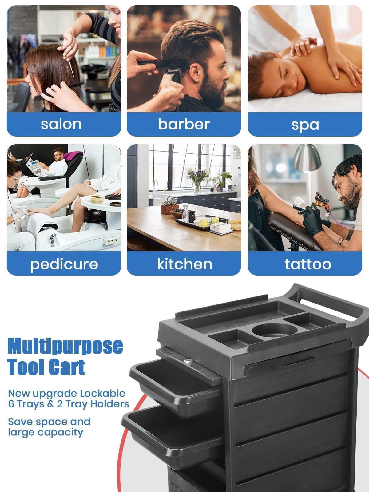 KOROKOM Chariot de beauté salon 6 niveaux rangement coiffure armoire organisateur multi-tiroir meuble autoportant 4 roues universelles