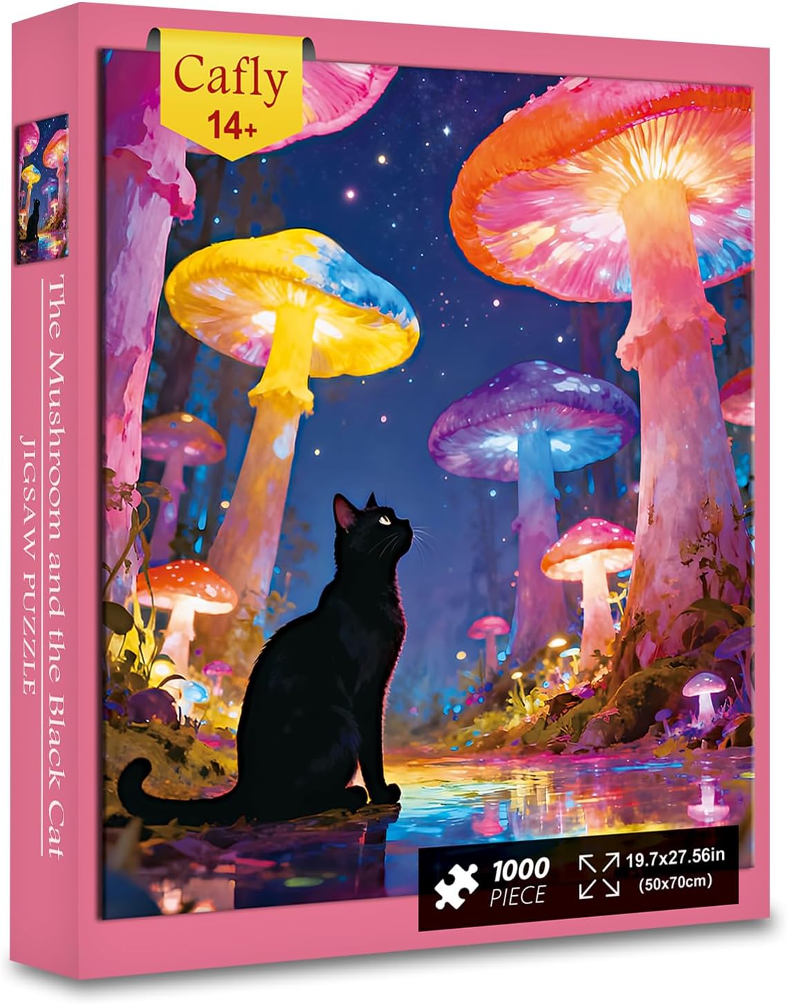 Family Jigsaw Puzzles for Adults 1000 Pieces, Challenging Fun Puzzles Stunning Art Wall Decor, Gift for Adult Puzzle Lovers, Poster Included, The Mushroom and The Black Cat C0829