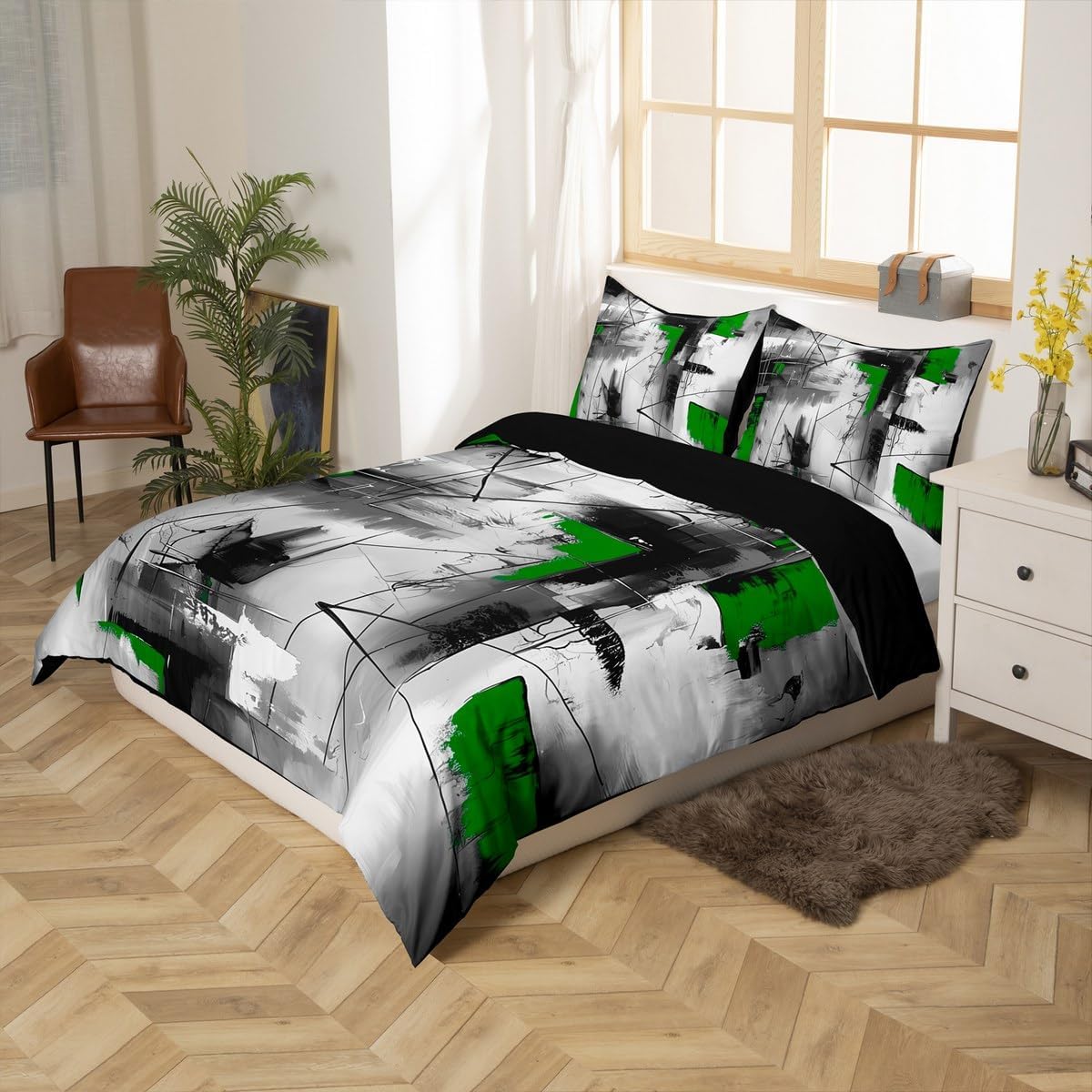 jejeloiu Green Abstract Bedding Set Toddler Size Kids, Geometric Comforter Cover for Boys Girls, Modern Art Duvet Cover Soft Lightweight Microfiber,No Stuffing