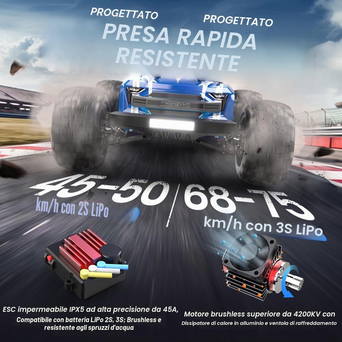 DEERC H16E Camion RC da Corsa senza spazzole, Max 70 km/h, Auto RC Veloci per Hobby 1:16 4X4 RTR per Adulti e Ragazzi, Monster Truck RC per Tutti i Terreni, Regalo per Veicoli Elettrici Fuoristrada