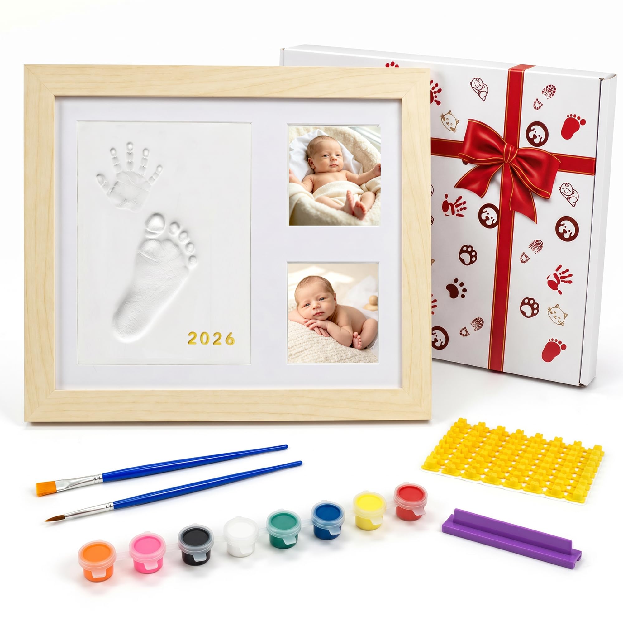 MICKYU Kit de huellas de manos y huellas de bebé con pinturas de 8 colores, marco de recuerdo de madera de arcilla seca al aire para recién nacidos, exhibición de fotos para nuevos padres, 9 x 11