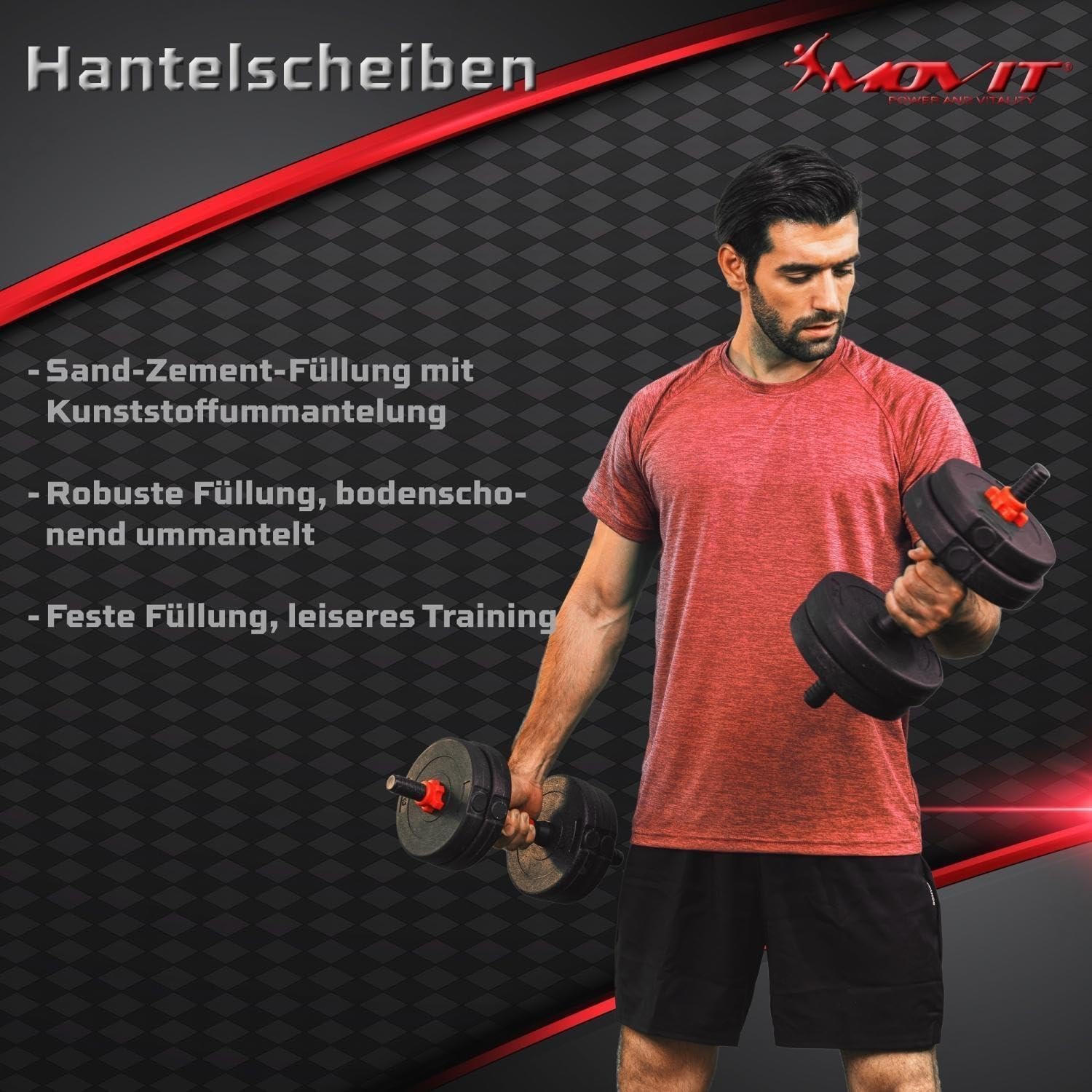 MOVIT Hanteln Set - 6in1, 20/30kg, XXL, Verstellbar, Kunststoff, Push Up Griffe, Schwarz und Rot/Orange - Dumbbell Set, Hantel Gewichte, Verstellbare Kurzhanteln, Kettlebell, Hantelset für Zuhause