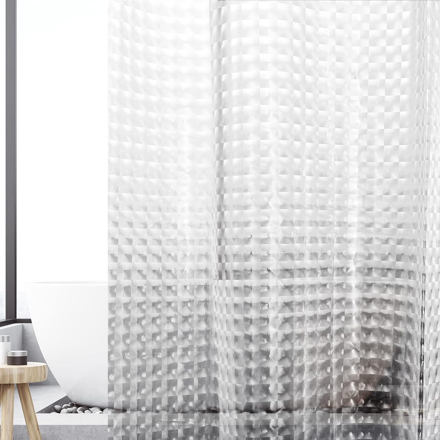 SAEIV Cortinas de ducha 3D, resistentes al agua 100% material EVA, no requiere limpieza, antibacterianas antimoho, cortinas de ducha, para baño, blanco translúcido