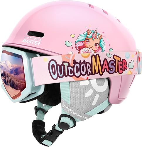 OutdoorMaster Juego de casco y lentes de esquí para niños, casco de snowboard, carcasa de policarbonato duradera y espuma EPS, casco de nieve con 12