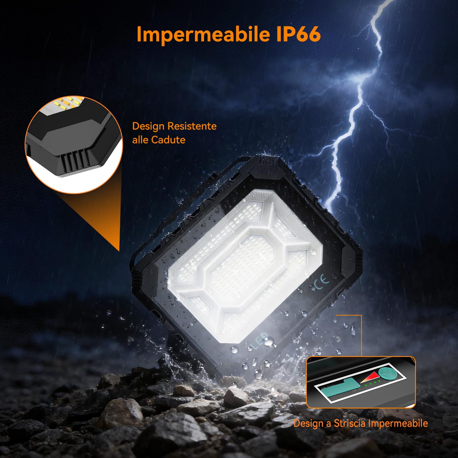 Adewalk Faro Led Ricaricabile 150W, 16000 mAh Portatile USB Faretto a Batteria con Pannello Solare 16000 lm, 5 Luce Modalità Impermeabile Lampada da Lavoro Solare da Esterno per Campeggio, Emergenza