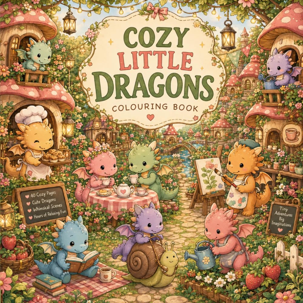 Cozy Little Dragons: A Cute Dragon Coloring Book for Adults and Teens Featuring Cozy Fantasy Scenes, Cottagecore Adventures, and Whimsical Dragon Friends