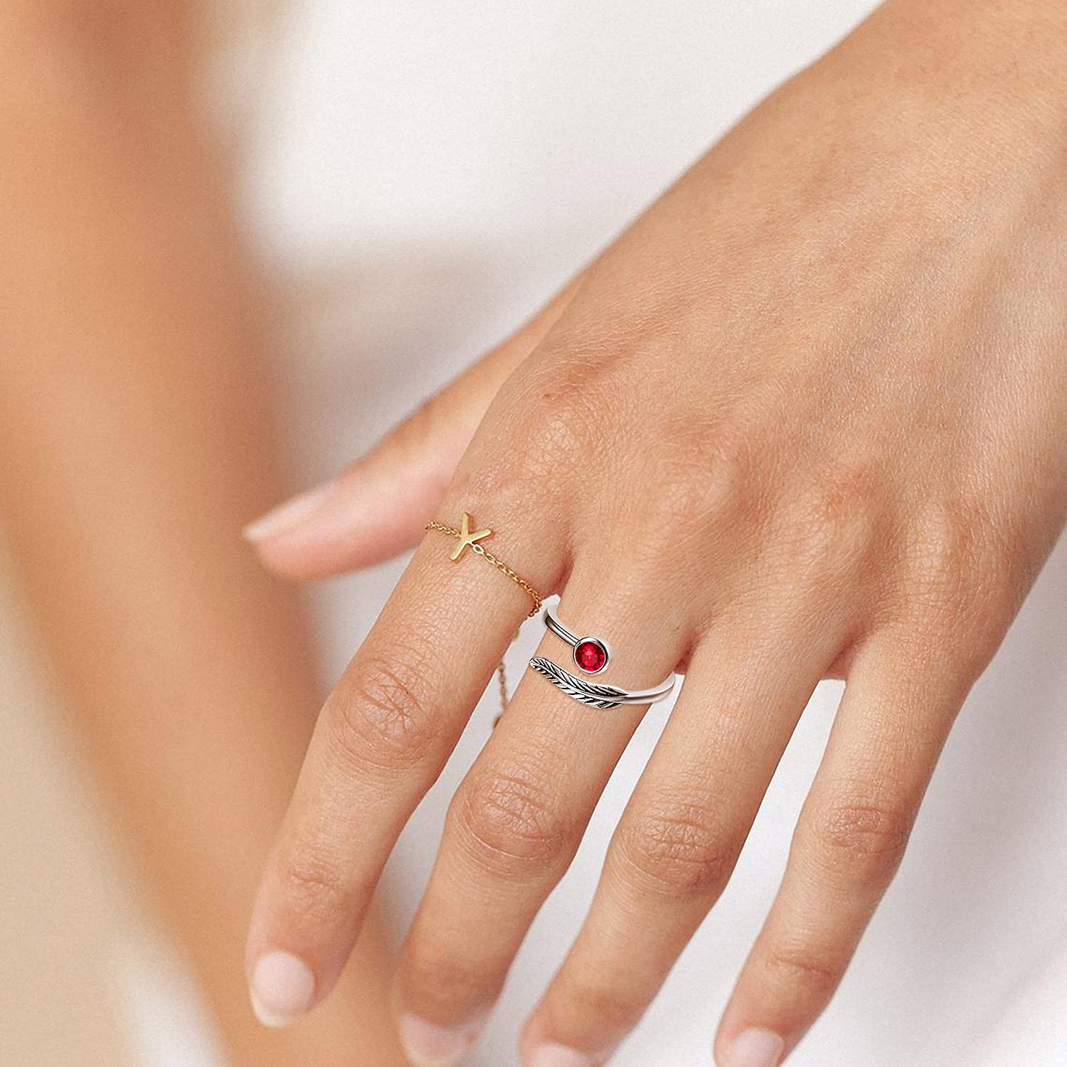 Birthstone Adjustable Open Feather Ring 925 Sterling Silver Birth Stone Ring Jewelry Gift Birthday Gift for Mom Women Wife Girls