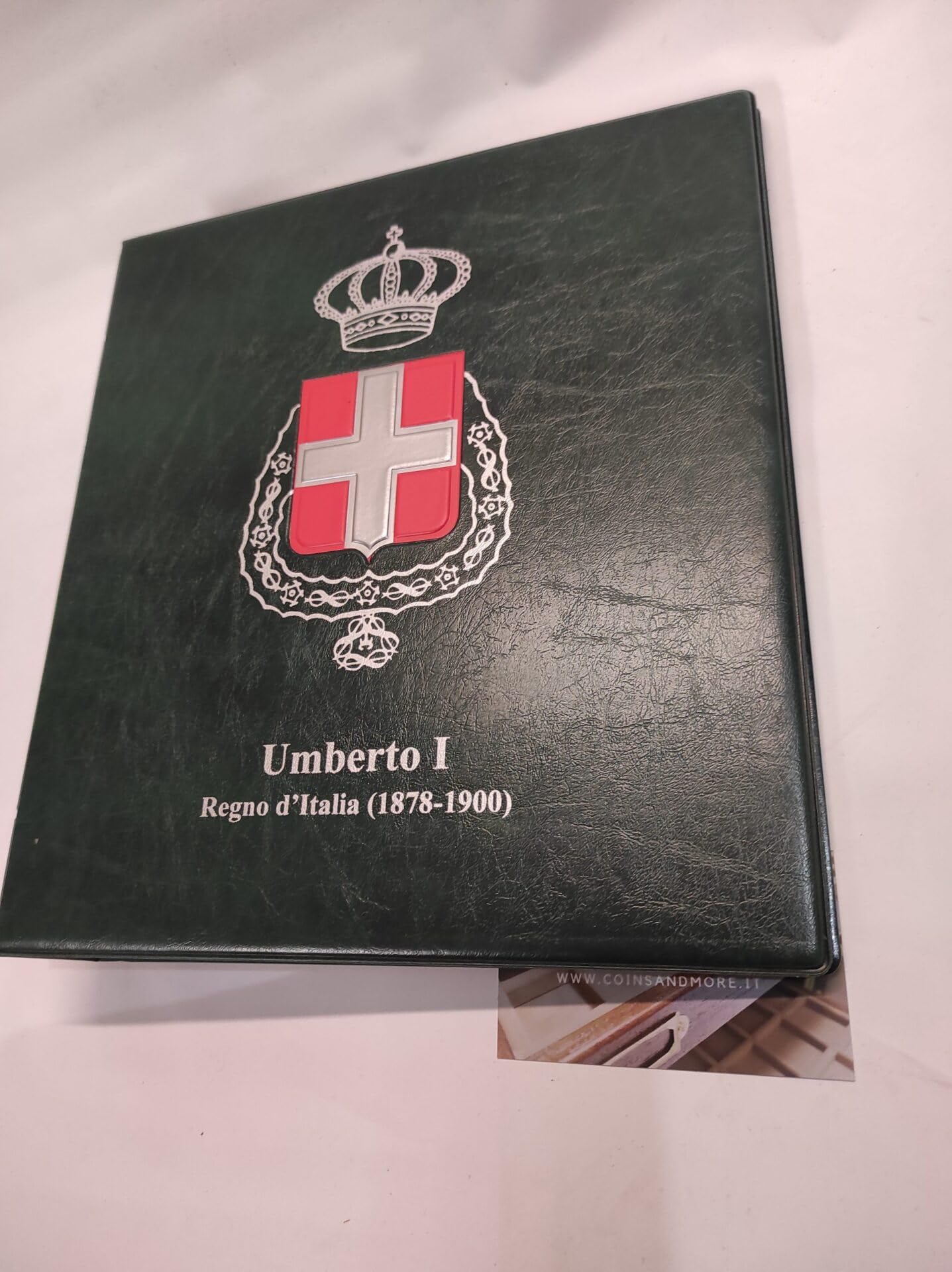 Álbum de monedas colección Reino de Italia Umberto I con estuche, álbum numismática de anillas con fichas técnicas, fabricado a mano en Italia