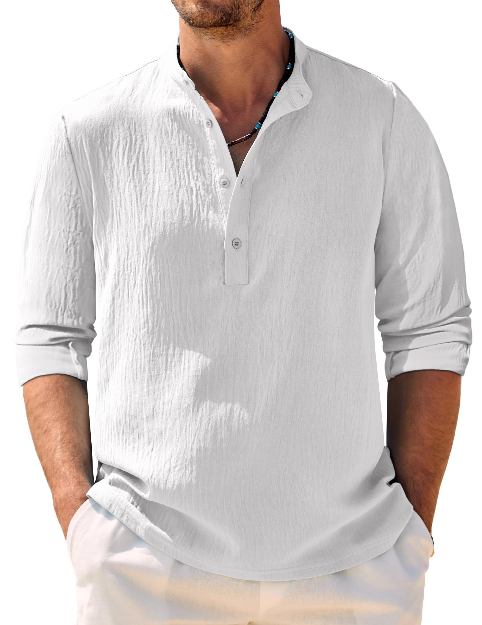 COOFANDY Men's Casual Henley Shirt Band Collar Long Sleeve Shirt Beach Hippie Summer Button T Shirt