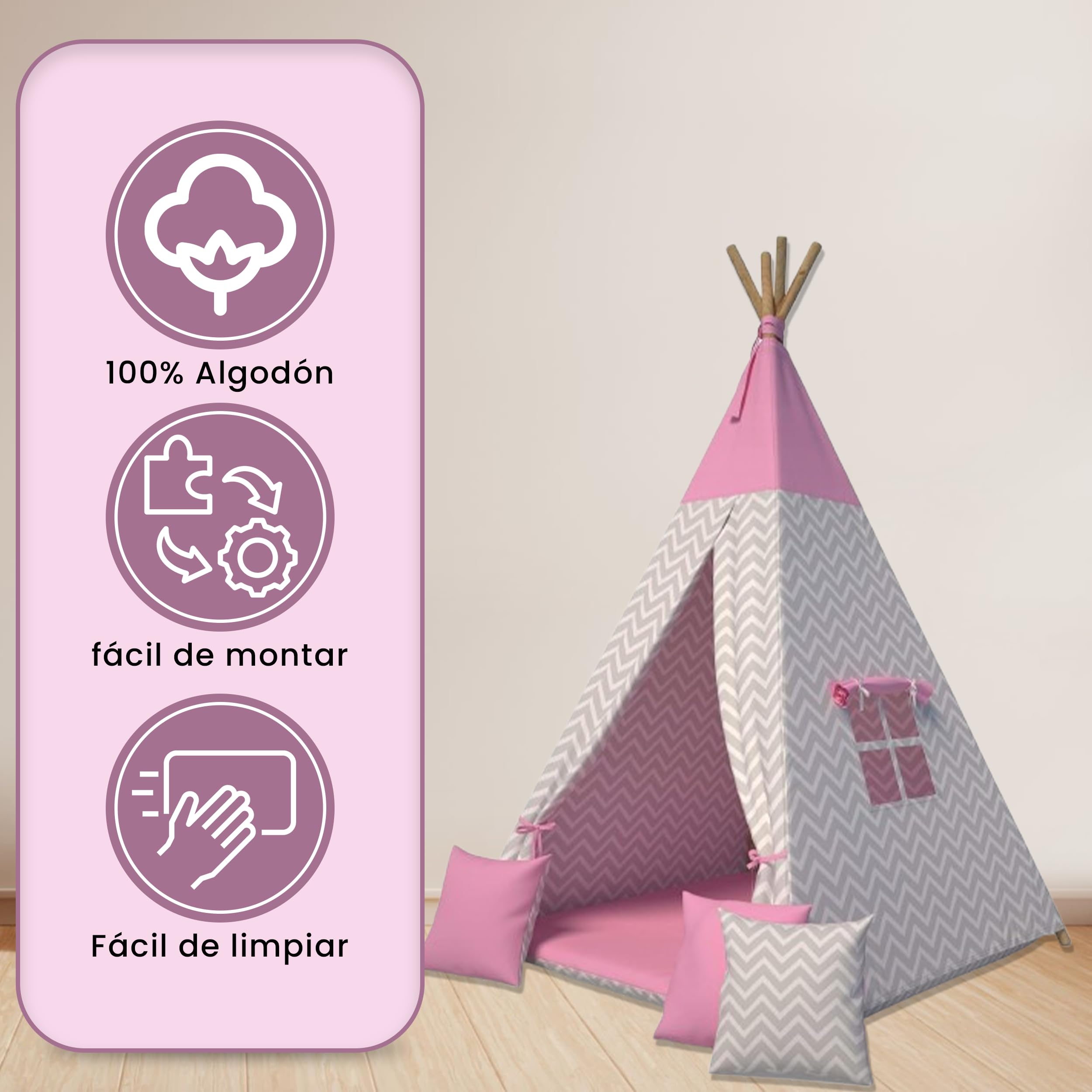 Tienda Tipi para Niños (Rosa) | Tienda de Campaña Infantil Interior | Carpa de Juegos con Cojines Suaves |Tipi Infantil Interior Seguro | Tienda de Juegos para niños Plegable