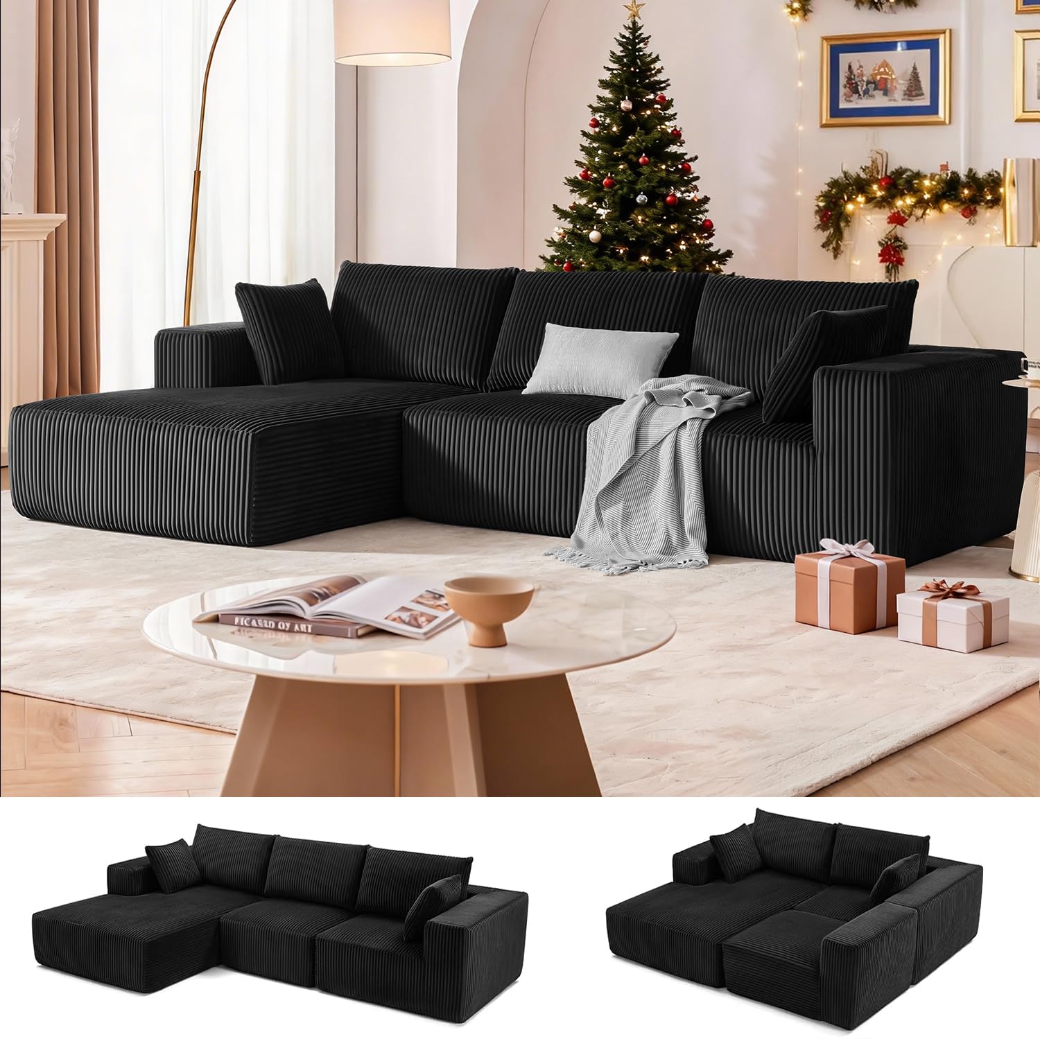 108” Modular Sectional Sofa, Cloud Sectional Couch with Deep Seat, Modern Modular L-Shape Sofa Couch with Chaise,Upholstered Boneless Couches for Living Room Bedroom (Black, Left Facing Chaise)