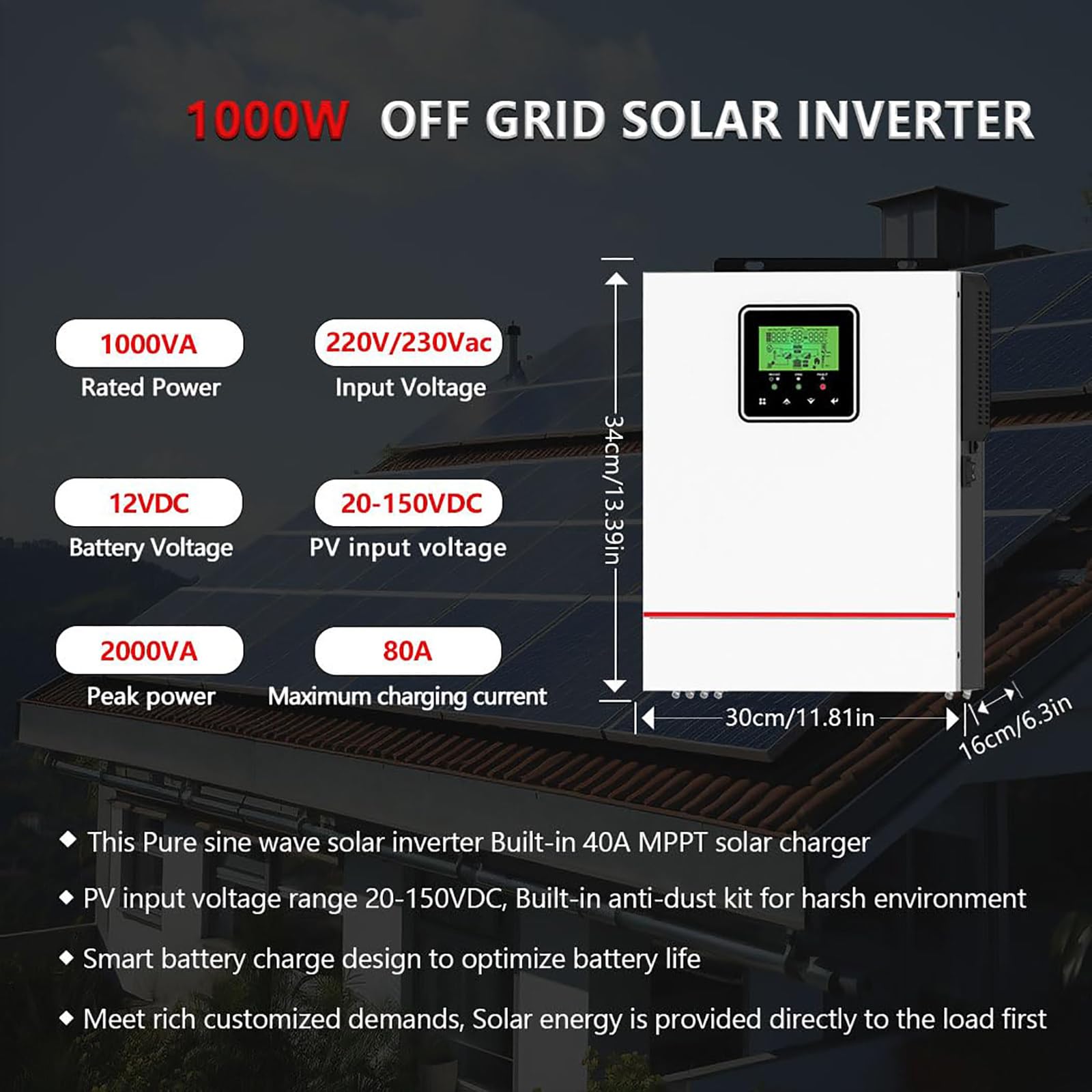 Inverter solare ibrido da 1000 W/1500 W (DC 12 V/24 V - AC 230 V), con regolatore di carica da 40 A, trasformatore a onda sinusoidale pura, potenza fotovoltaica massima 600 W/1200 W, ingresso DC 150
