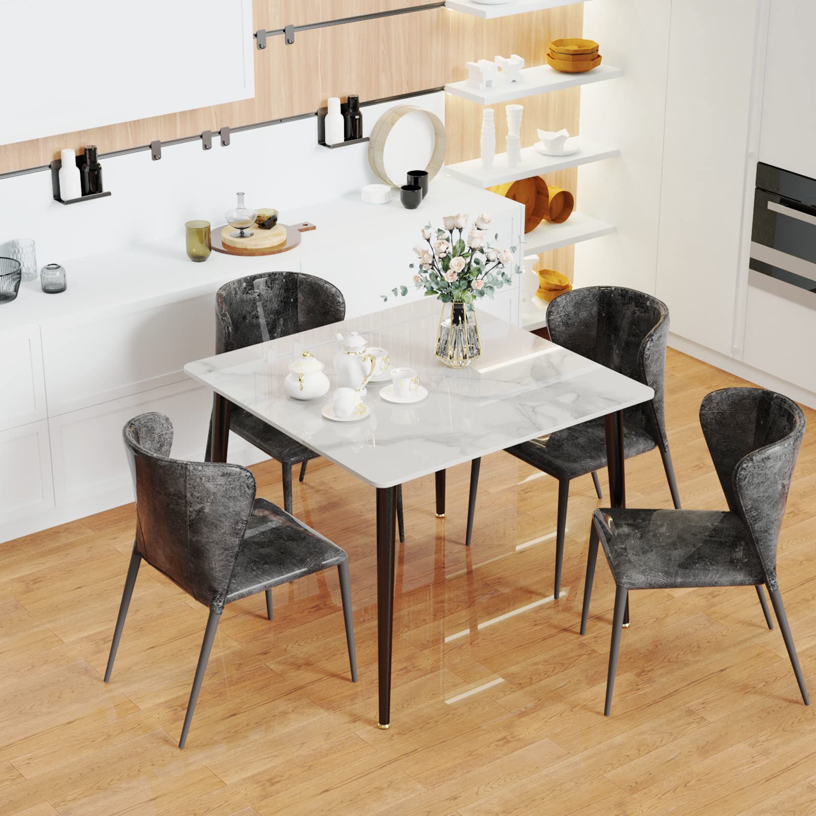 Kitchen Dining Table Marble Tabletop: Square 80cm Contemporary Sintered Stone White Pattern High Gloss Marble Top Dinner Tables 4 Seater with Tapered Metal Legs for Home Restaurant