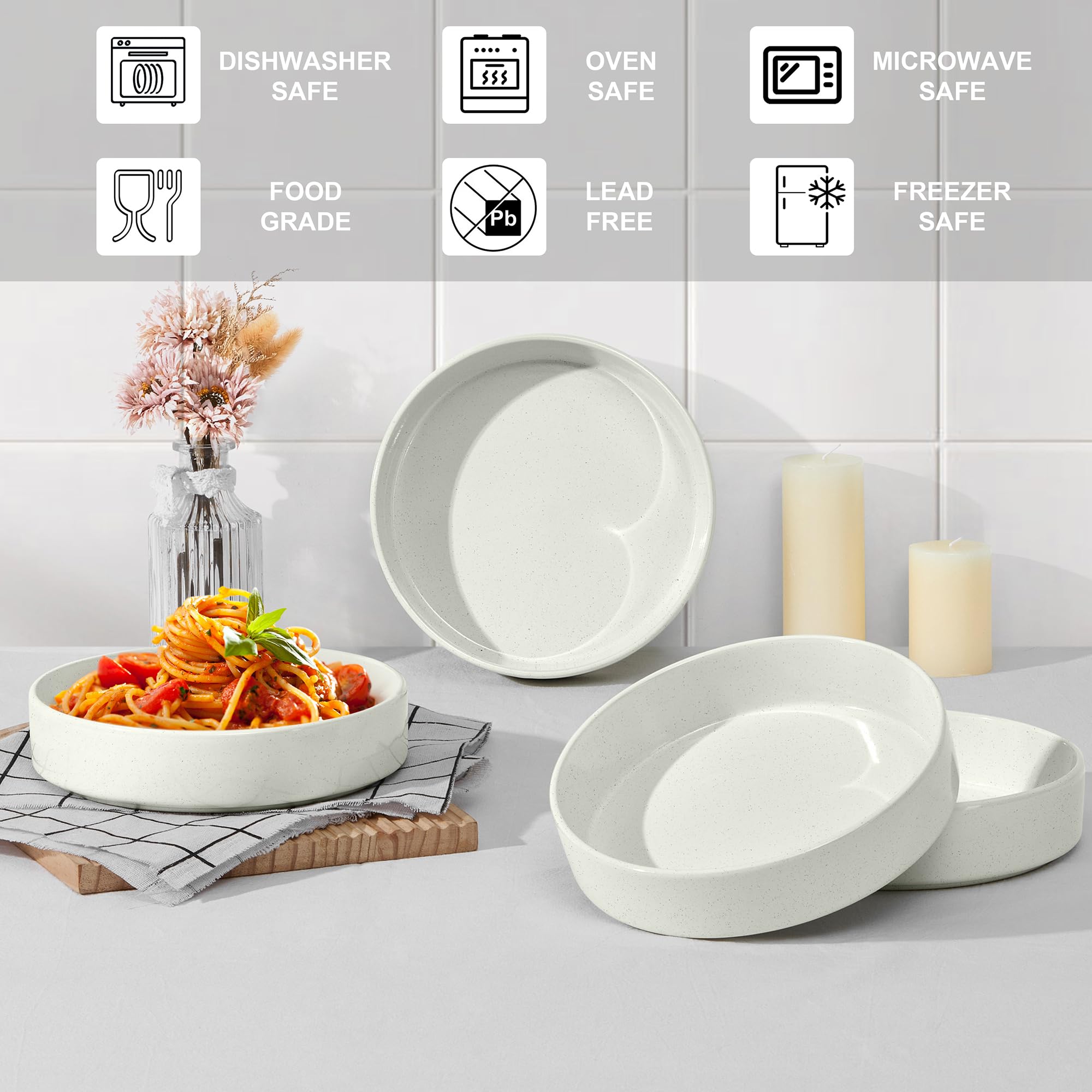 E-far Juego de 4 cuencos para pasta, platos grandes de cerámica de 35 onzas para servir sopa, platos de pasta de gres poco profundos, aptos para microondas y lavavajillas, color blanco moteado
