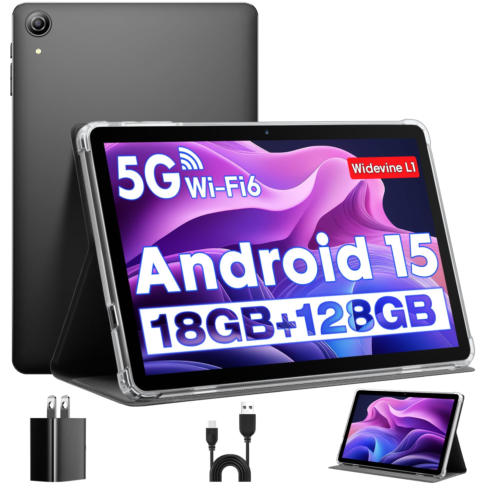 Tablet 10 Pollici, Tablet Android 15 con Custodia, Mouse & Tastiera, Octa-Core, 24GB RAM+128GB ROM+1TB Espandibile, Display IPS HD 1280*800, WiFi 5G, Doppia Fotocamera, 6000mAh, Widevine L1 (K70)