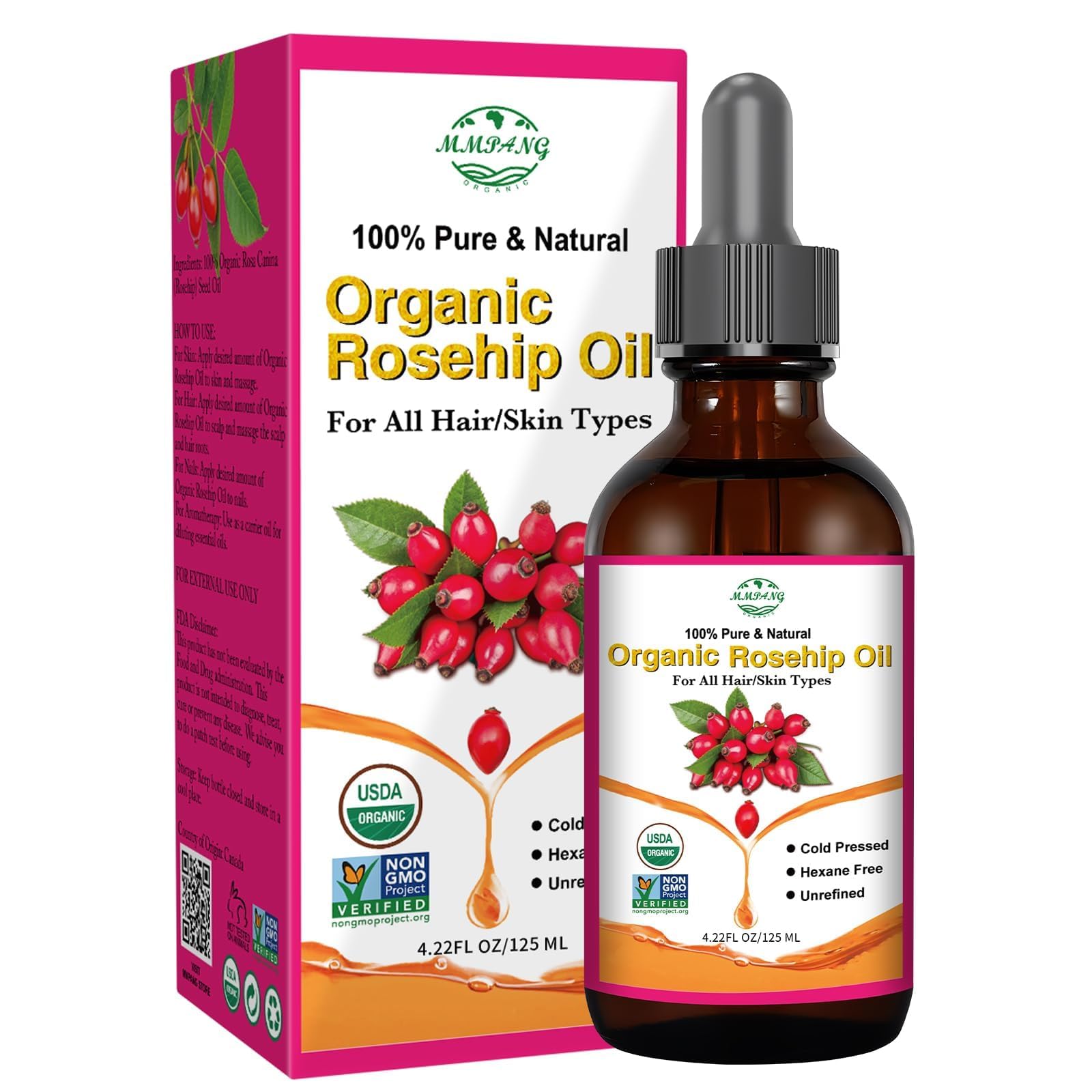 MMPANG 100% Pure Natural Rosehip Oil for Face, USDA Certified Organic, Cold Pressed, Extra Virgin, Hexane Free Rosehip Seed Oil for Anti-Aging, Acne