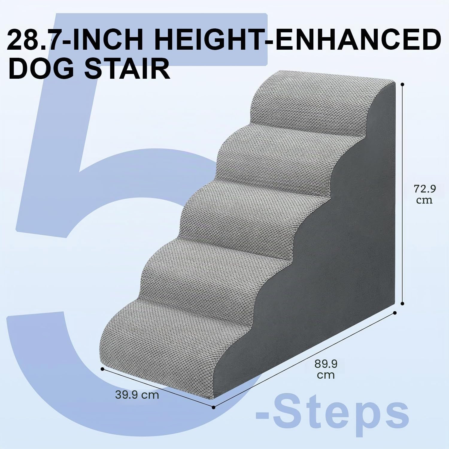 Hundetreppe für Bett, 72 cm hoch, 5-stufige Hunderampe, rutschfest, stabile Haustiertreppe für kleine Hunde und Katzen, um auf Hochbett oder Couch zu steigen, Grau