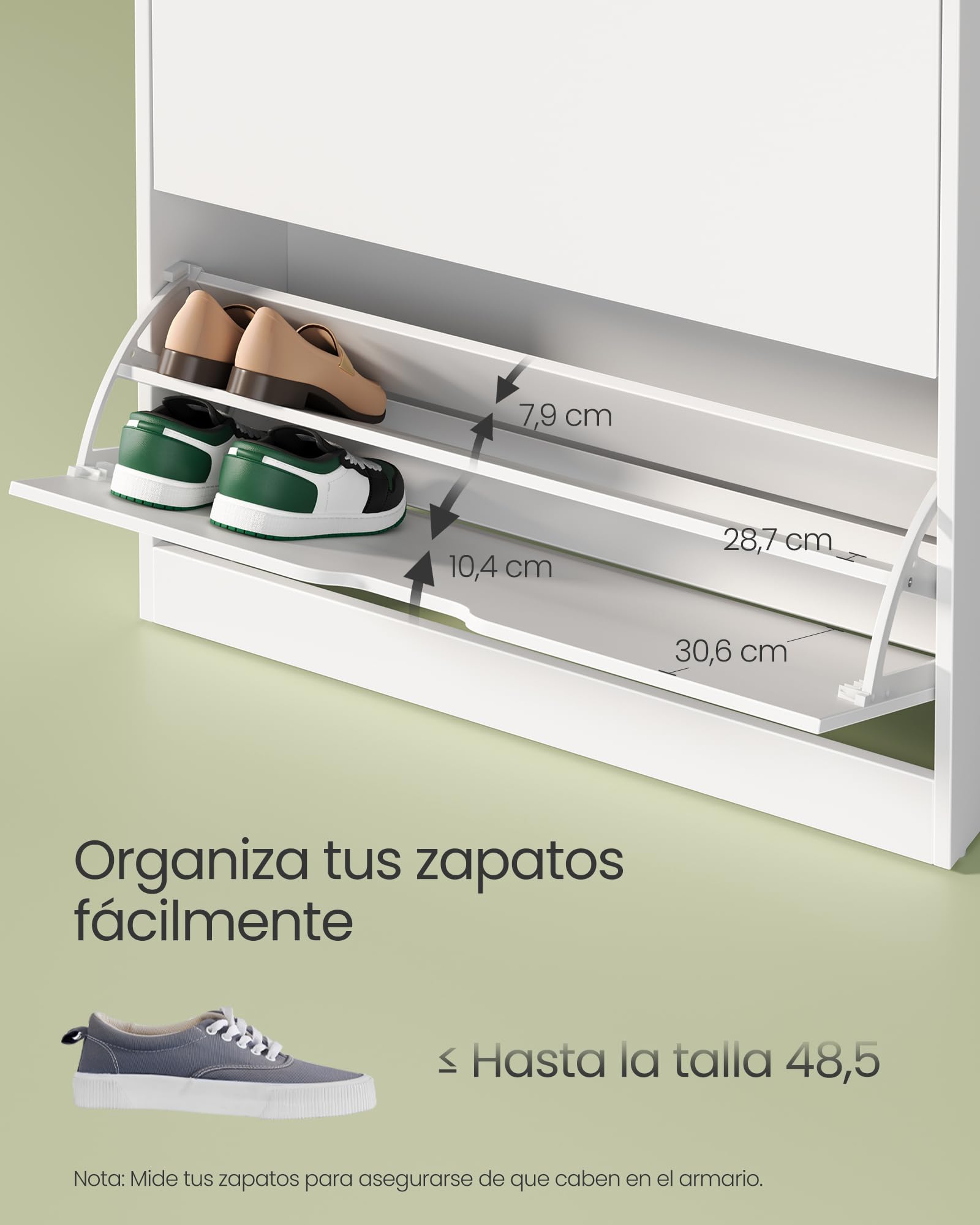 VASAGLE Zapatero 2 Compartimientos, Zapatero con Puerta Abatible, Organizador de Zapatos, Estante, División Ajustable, 11-16 Pares de Zapatos, Pasillo, 24 x 80 x 102 cm, Blanco Nube LBC048W01