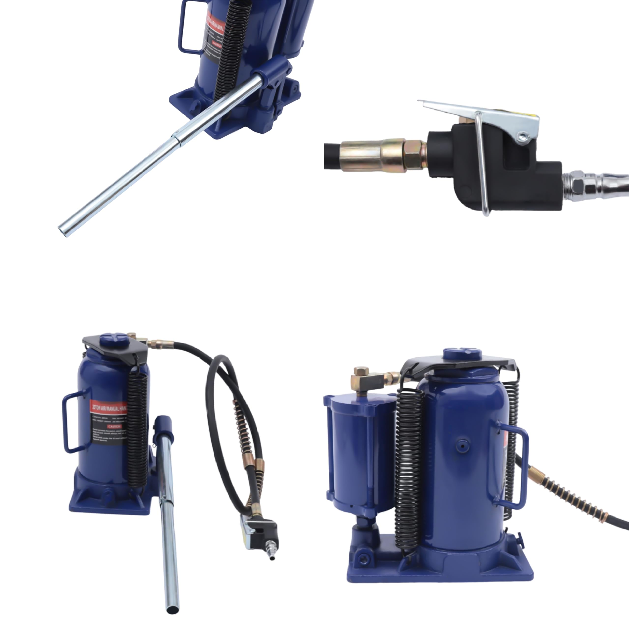 Gato hidráulico neumático de acero para botellas de 20 toneladas, gato hidráulico para coche con bomba manual manual, soporte de elevación hidráulico azul con manguera de aire de 117 cm de largo