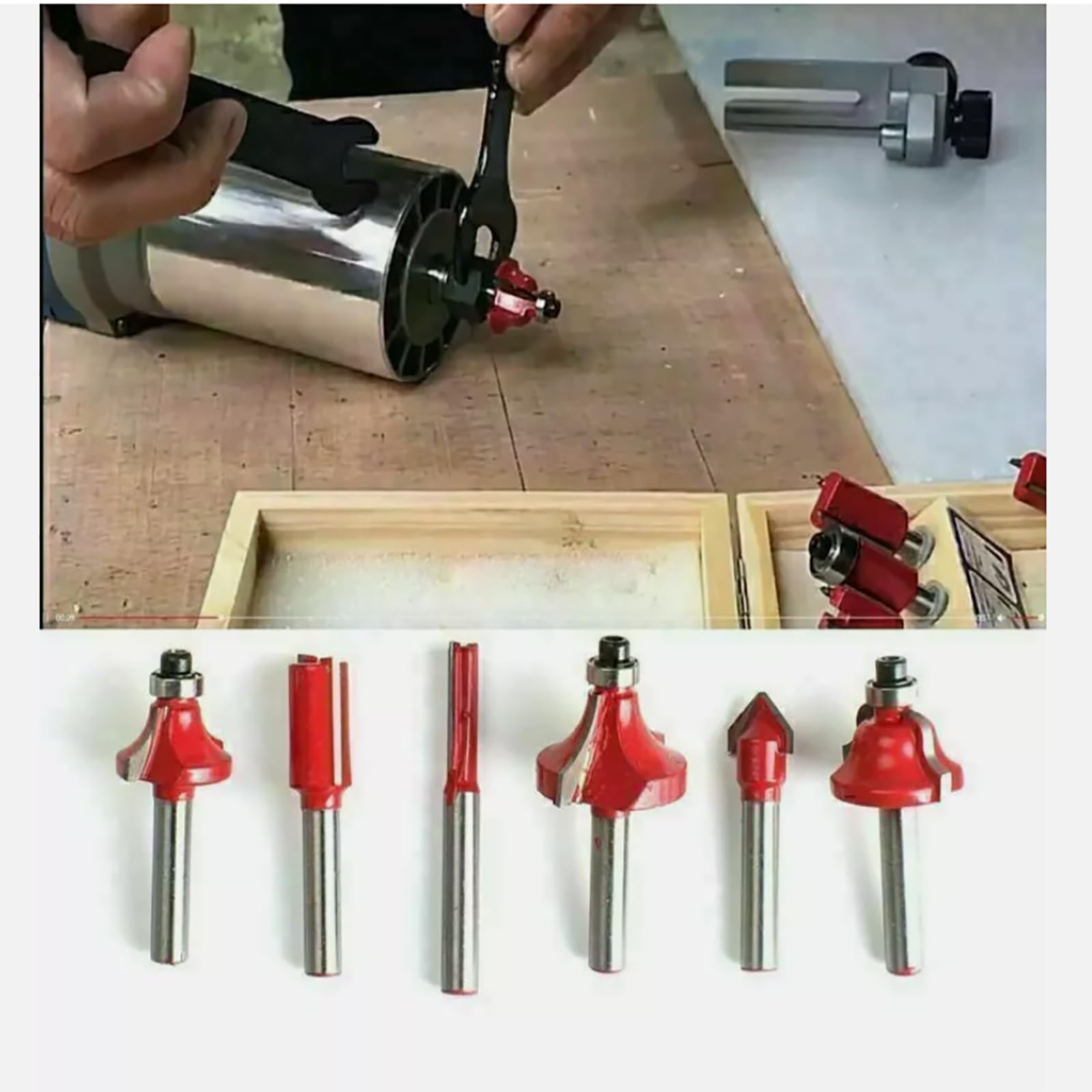 Lot de 12 fraises pour défonceuse à tige de 6 mm - Fraise à rainurer - Fraise à profiler - Avec coffret en bois pour le travail du bois (rouge)