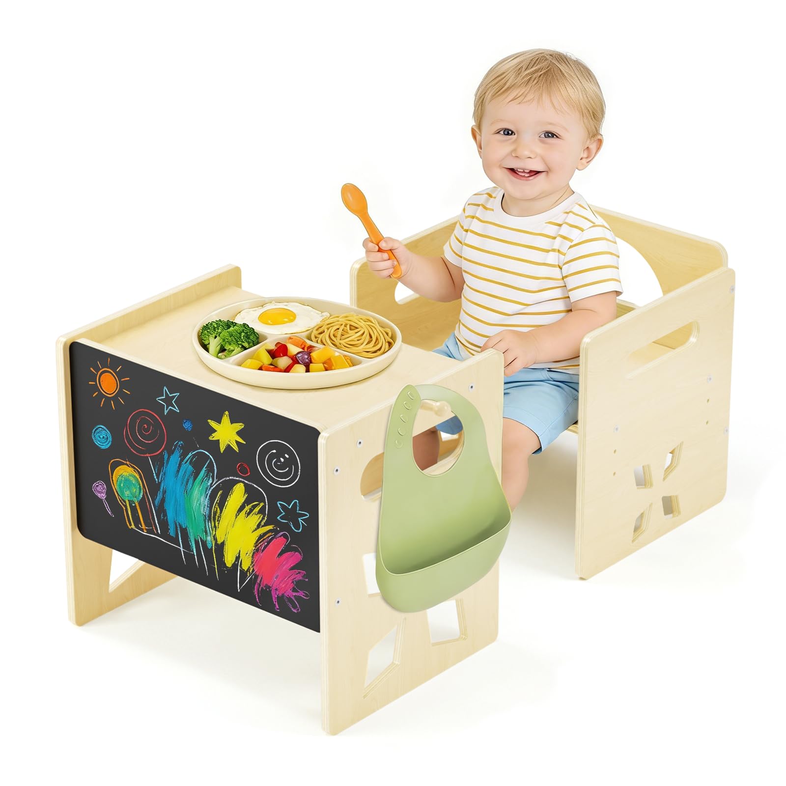 Ensemble Table et Chaise Enfant Montessori,Table Enfant avec Chaise Réglable Un Tableau Noir Table Chaise en Bois pour 1-3 Ans, pour Activité/Dessiner/Manger/Jeux