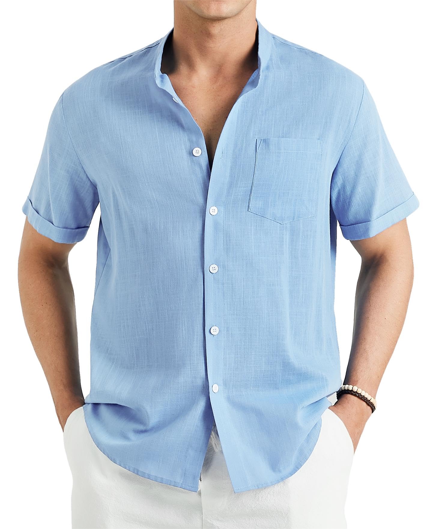 Enlision Camisa de Lino Manga Corta Camisa para Hombre Informales Sin Cuello Verano Henley Camisas Coton de Color Sólido con Botónes Bolsillo Playa Boda S-4XL