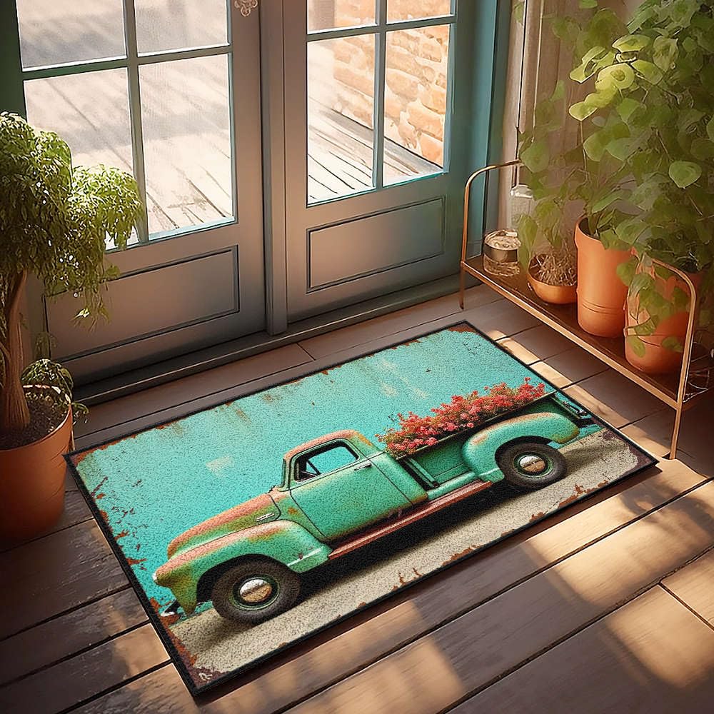 Paillasson automnal vintage camion et fleurs 65x90 cm grand format pour entrée