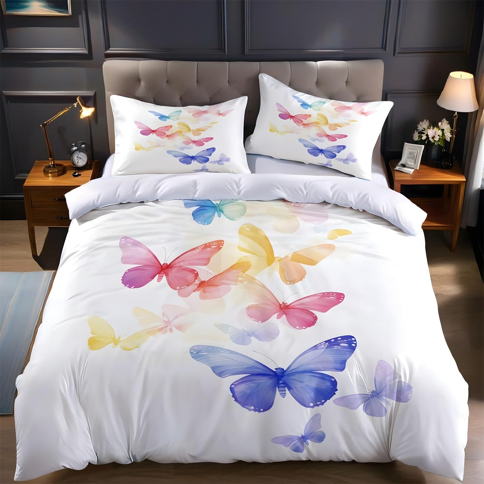 Ypthriline Double Bedding Set Butterfly Bedding Set Microfiber Watercolor Duvet Covers with Pillowcases Reversible Bedding With Zipper Closure 200x200CM