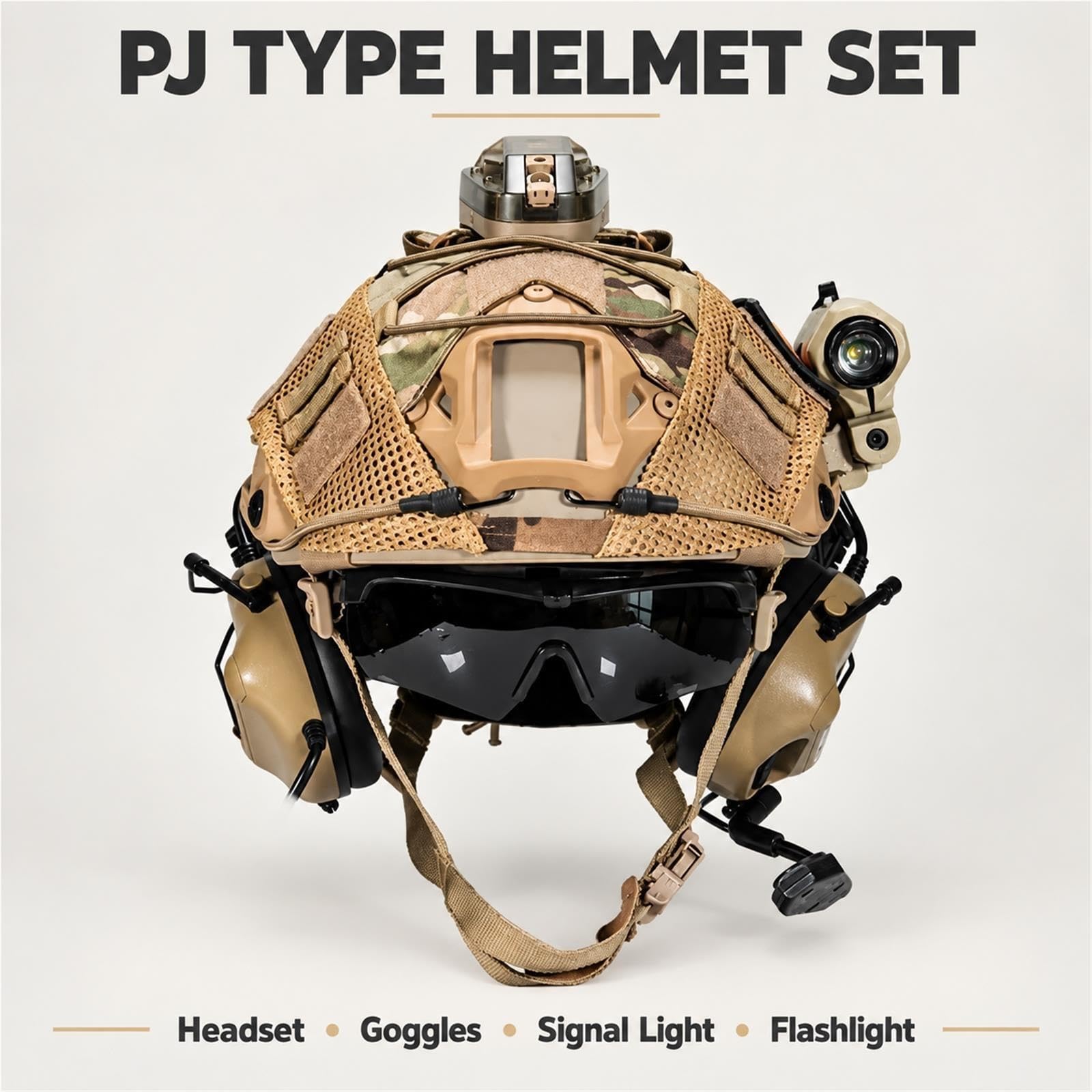 Set Casco Tipo PJ con Cuffie Occhiali Luce Segnale e Torcia