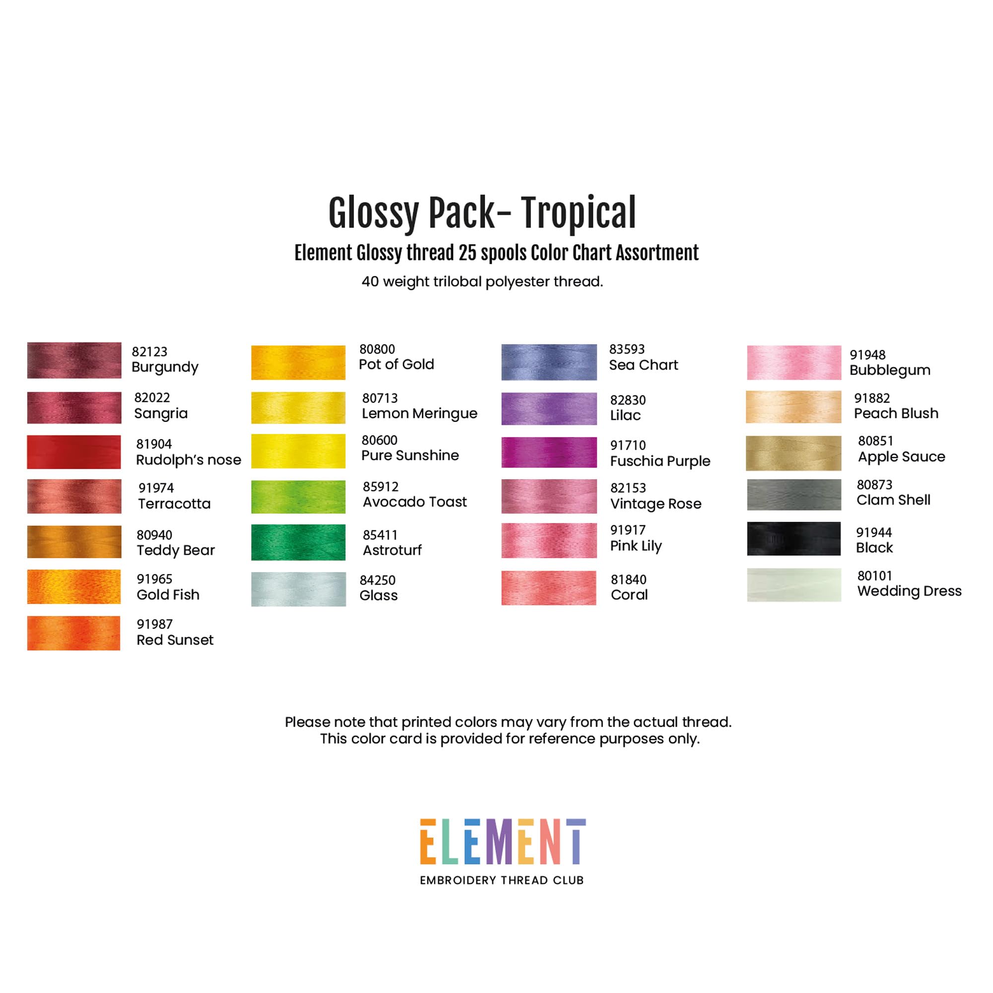 ELEMENT Tropical Pack | Bandeja de 25 bobinas | Hilo de bordado a máquina | 1000 m | 40 wt | Brillante