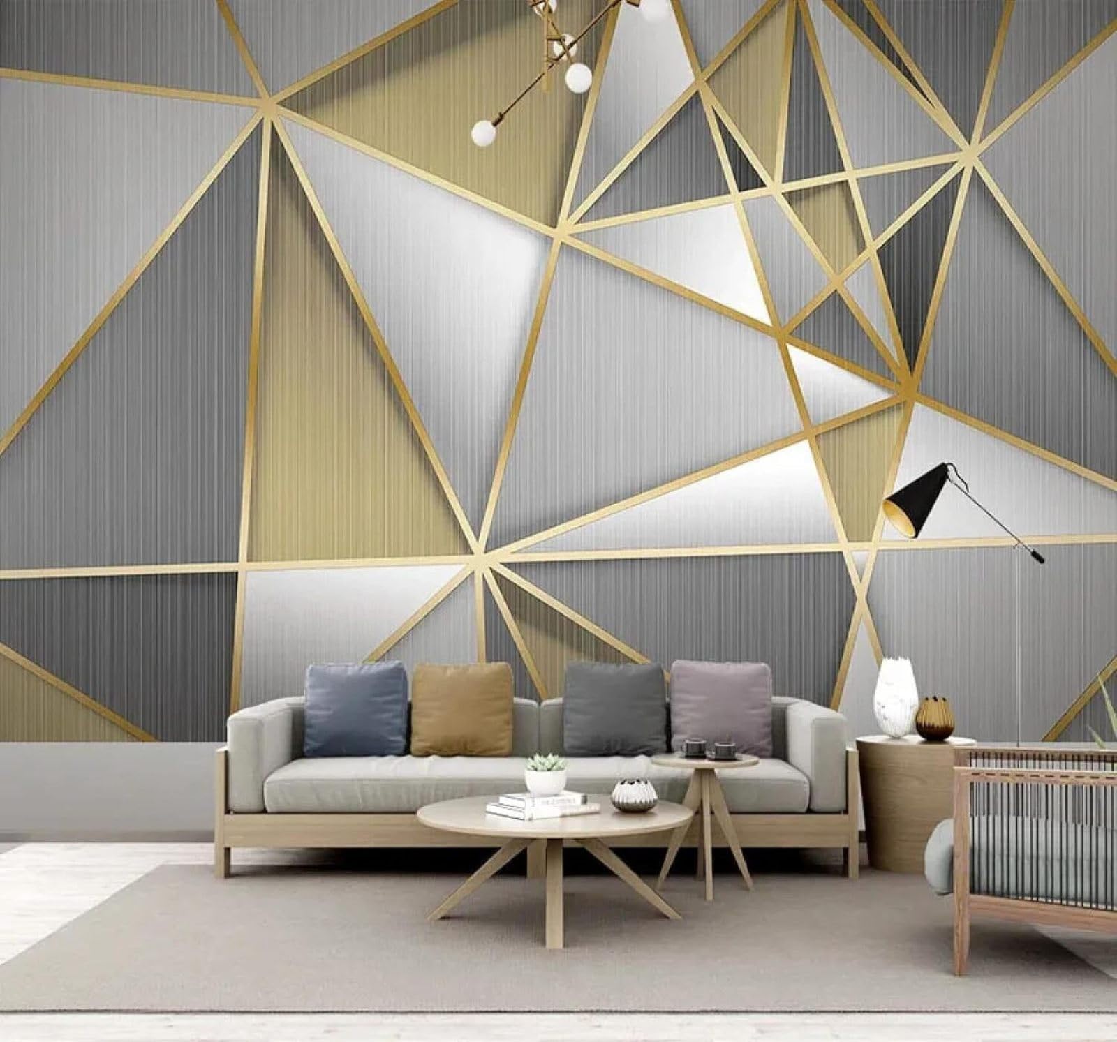 Xlming 350Cm×256Cm(B×H) Minimalism Light Luxury Gold Geometric Lines 3D Wallpaper Luxury Silk Study Dining Feature Sofa Grey Bedroom Living Room Tv Decorative Wall-350Cm×256Cm