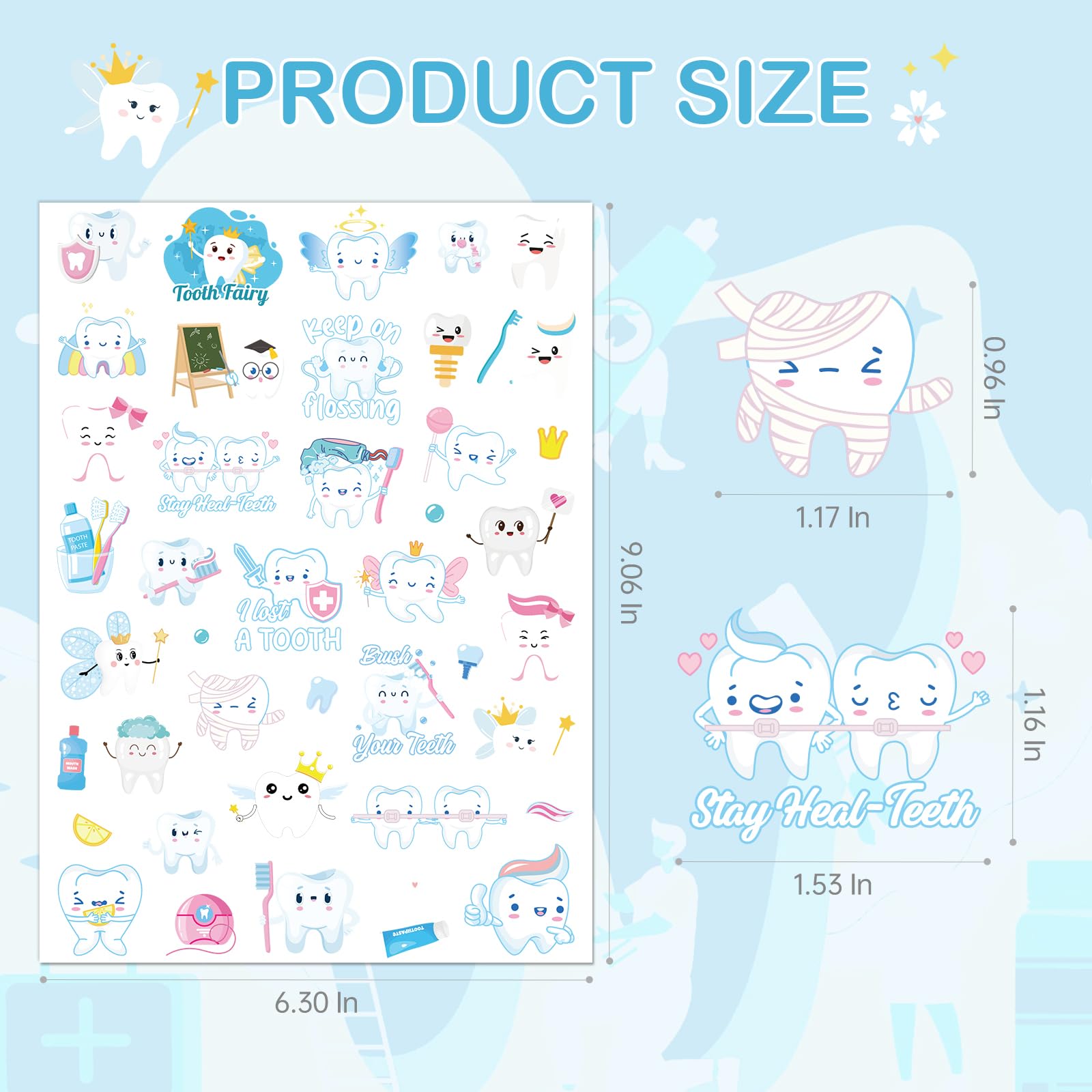 Dental Tooth Temporary Tattoos Stickers - 8 Sheets 280 Pcs Cute Cartoon Teeth Fairy Gifts One's First Teeth Tattoo Sticker for Kids Funny Dentist Party Decorations Hospital Doctor Prizes Rewards