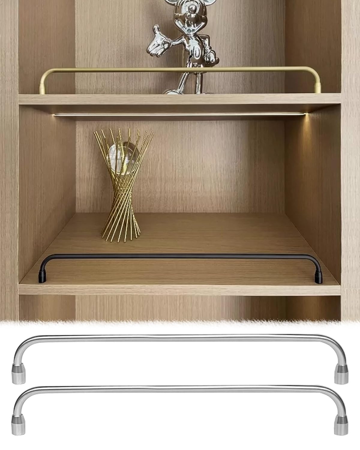 MESCXTY 2 Pack Shelves Guardrail Bars for Tipping, Cabinet Shelf Gallery Tipping Railing, Bookcase Tube Barrier Kit Easy Install, Shelving Bracket(Silver-A,24in/60.9cm)
