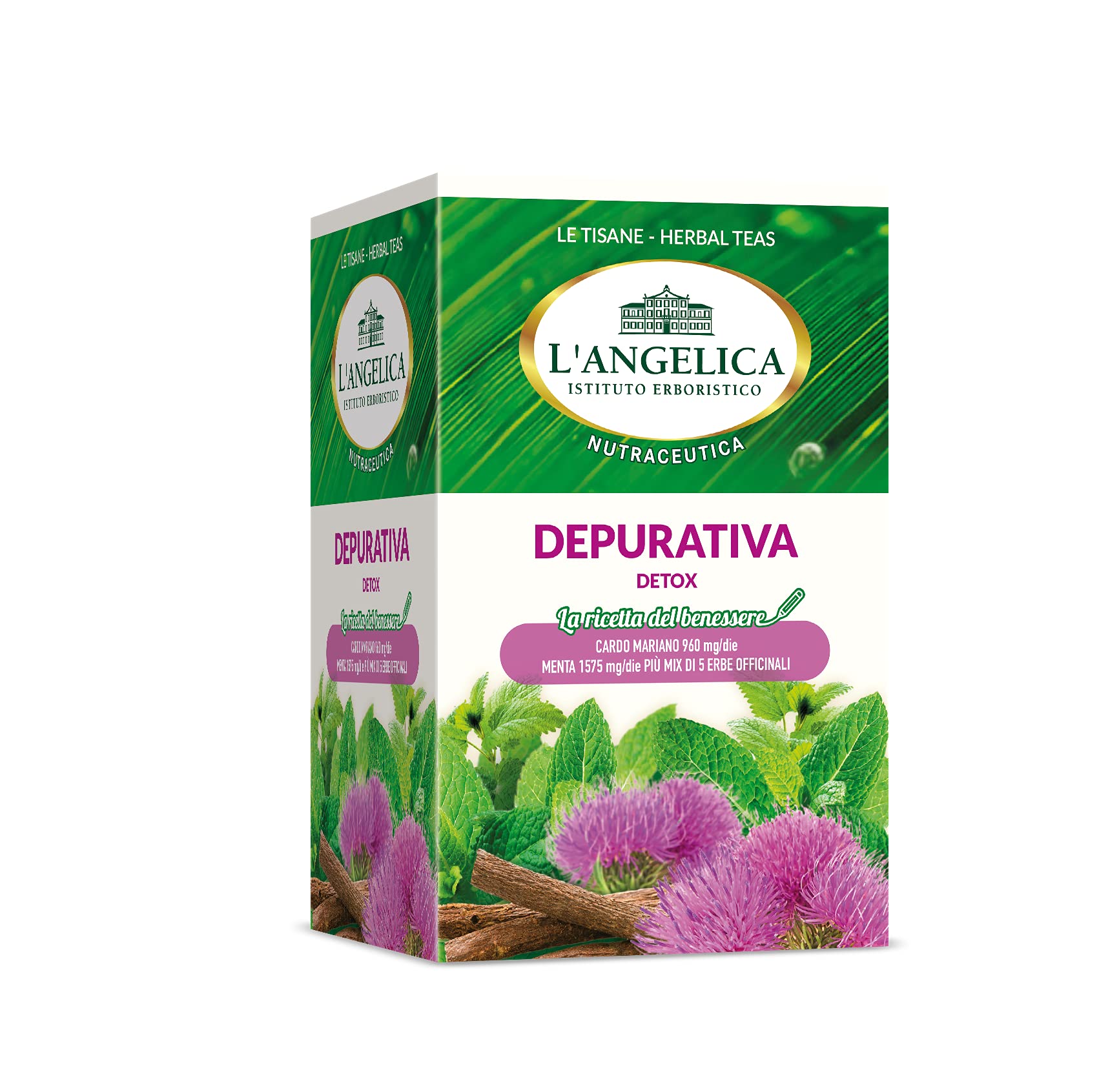 L'Angelica, Tisana Depurativa Detox, Tisana Funzionale a Base di Cardo Mariano, Menta, Liquirizia, Azione Depurativa, Vegan, 10 Confezioni da 20 Filtri Ciascuna