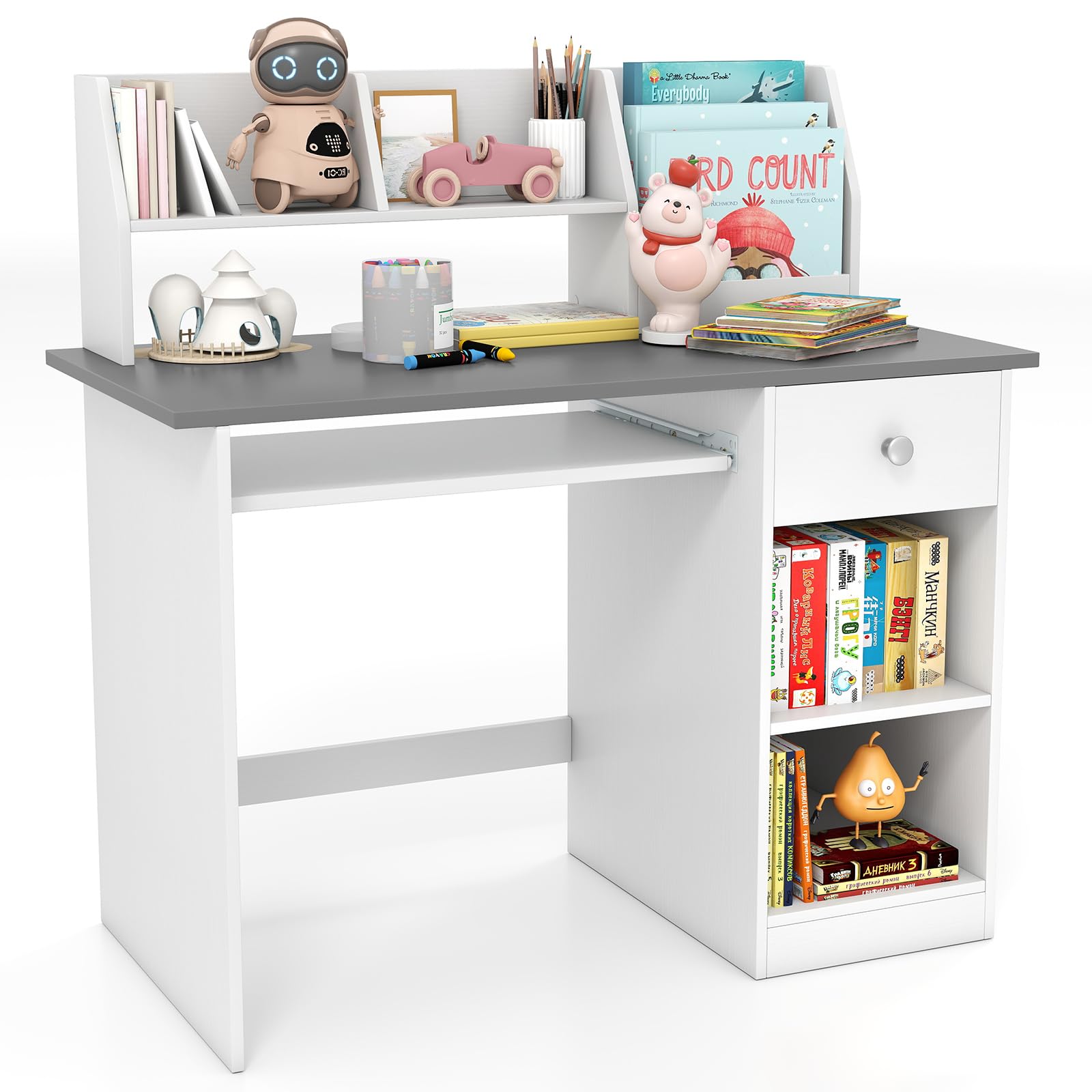 DREAMADE Schreibtisch Kinder mit Bücherregal & Schublade & Ablage & Tastaturablage, Jugendschreibtisch Schülerschreibtisch, Kinderschreibtisch aus Holz für Jungen und Mädchen, 90x45x90cm (Grau)