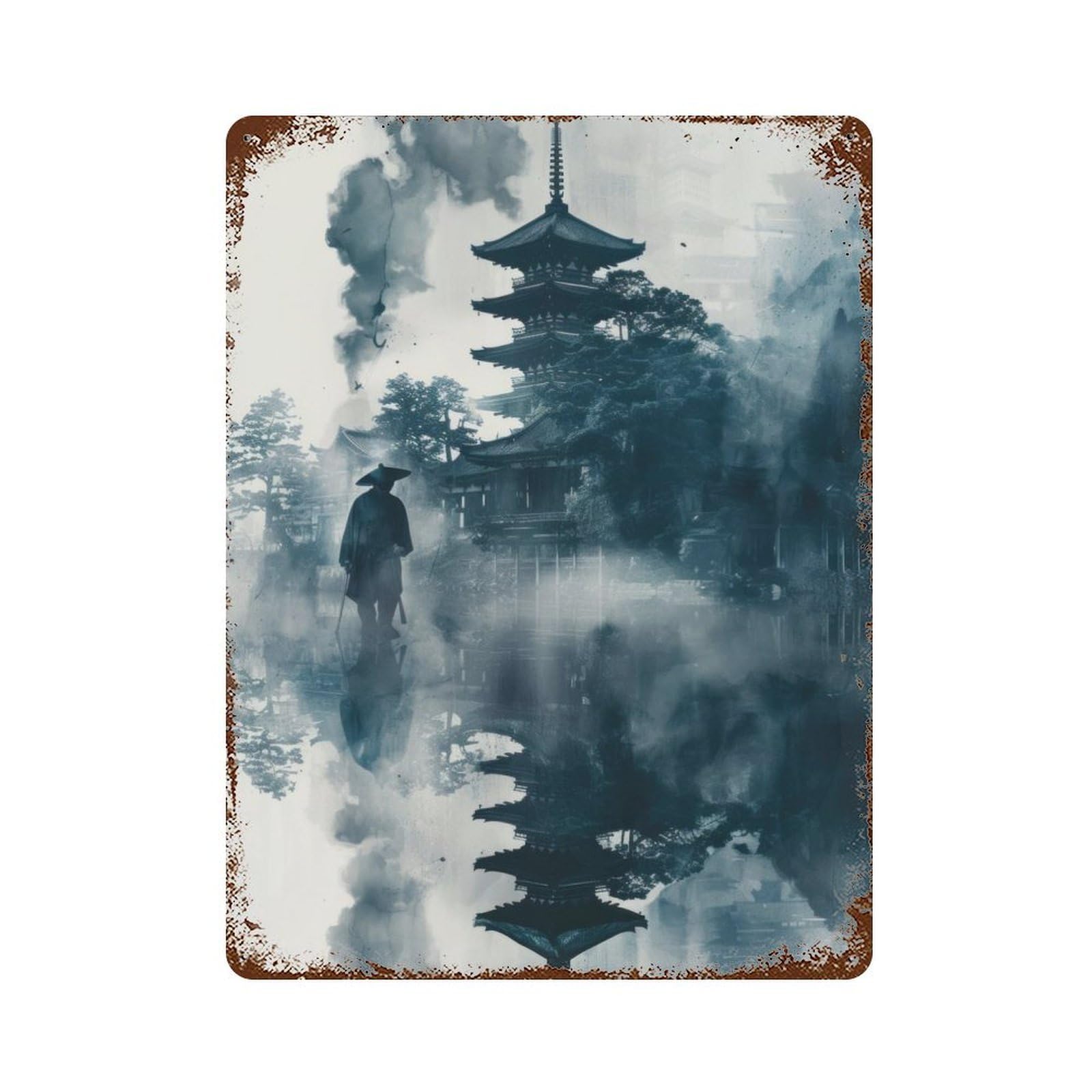 Garage Style Japanese Pagoda in Mist Rusty Metal Tin Sign 15.7"x11.8", Farmhouse Wall Decor for Bar And Workshop