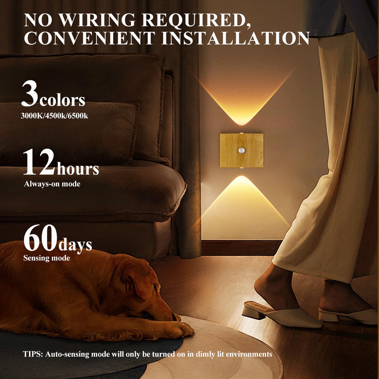 Confezione da 2 luci da Parete a Batteria con sensore di Movimento, Lampada LED per Interni, 3 Colori Verso l'Alto e Verso Il Basso, Illuminazione Wireless Ricaricabile Tramite USB