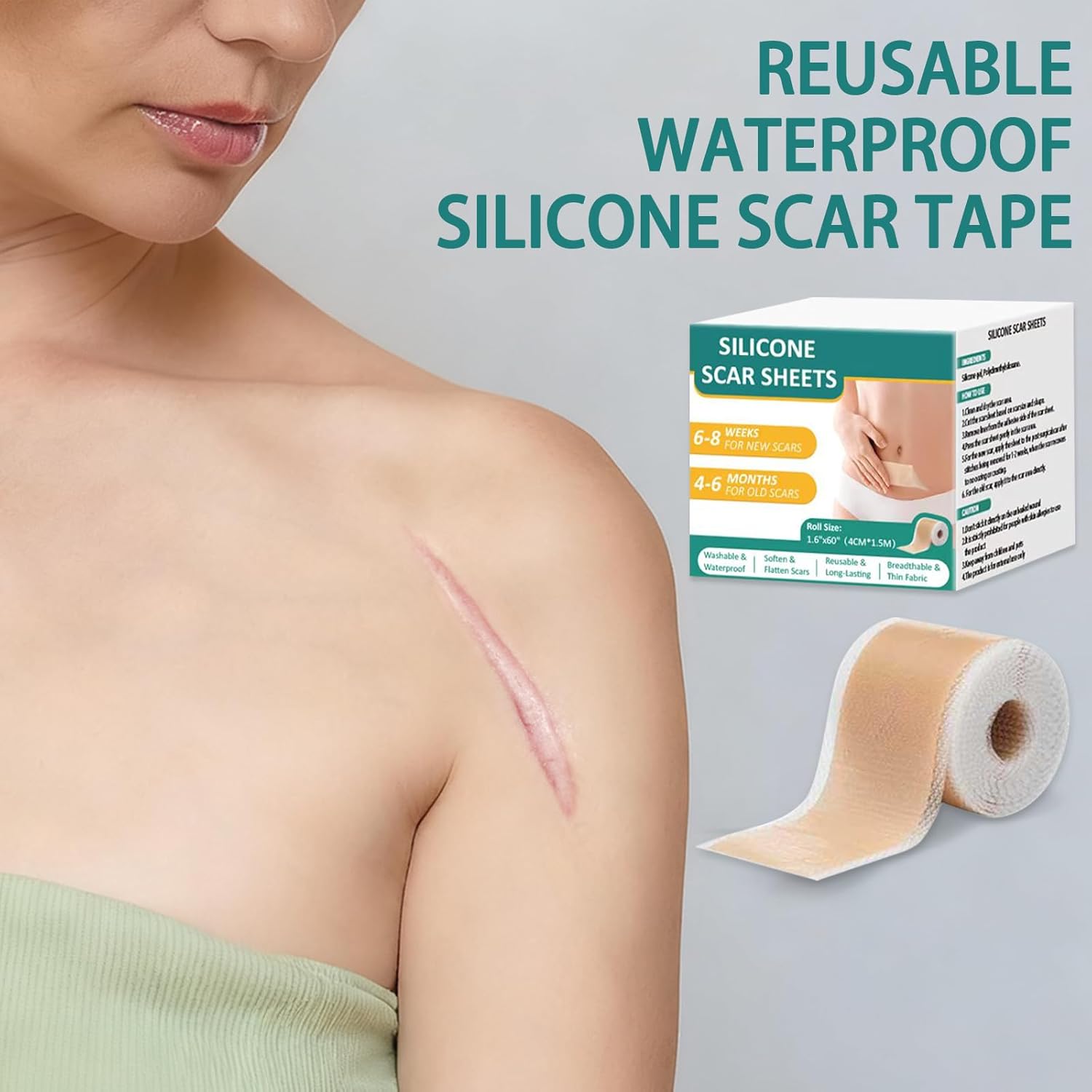 Silicone Scar Sheets for Scar Removal - 1.6” x 60” Reusable Medical Grade Strips (1 Roll) - Treatment for Surgical Scars, C-Section, Keloid, Burns & Acne - Post Tummy Tuck, C-Section Recovery - Image 7