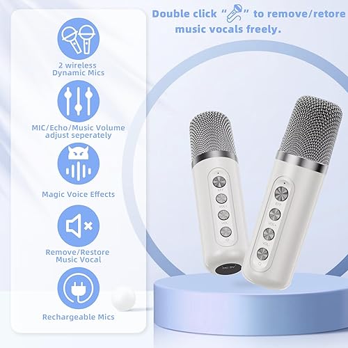 Vista 38 de Mini máquina de karaoke para niños y adultos, altavoz portátil de karaoke Bluetooth con 2 micrófonos inalámbricos para fiestas en casa, grandes