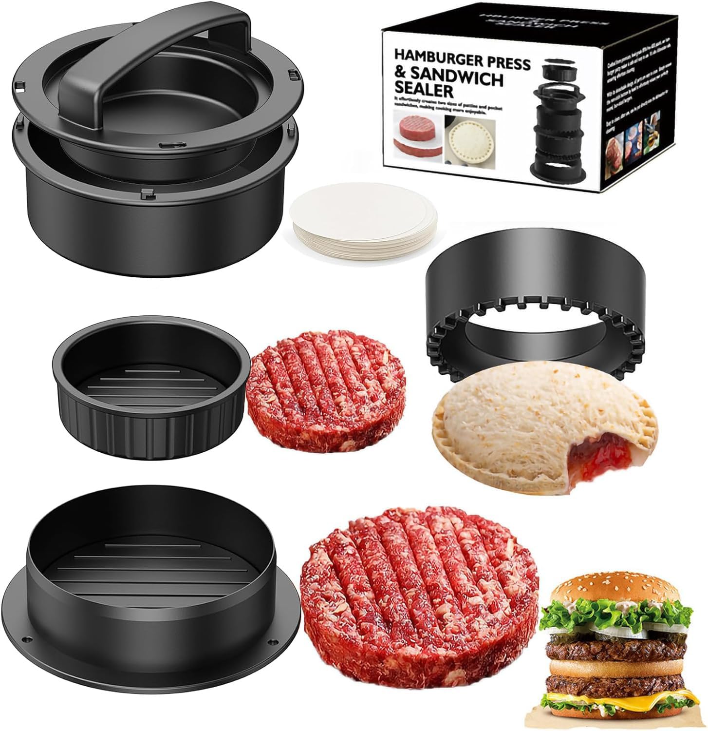 FAOKZE Burgerpers, hamburgerpers, 4-in-1 set, gevulde hamburgers, sandwichsnijder, vlees, rundvlees, groenten, hamburgerpattiform met 200 stuks waspapierschijven, zwart