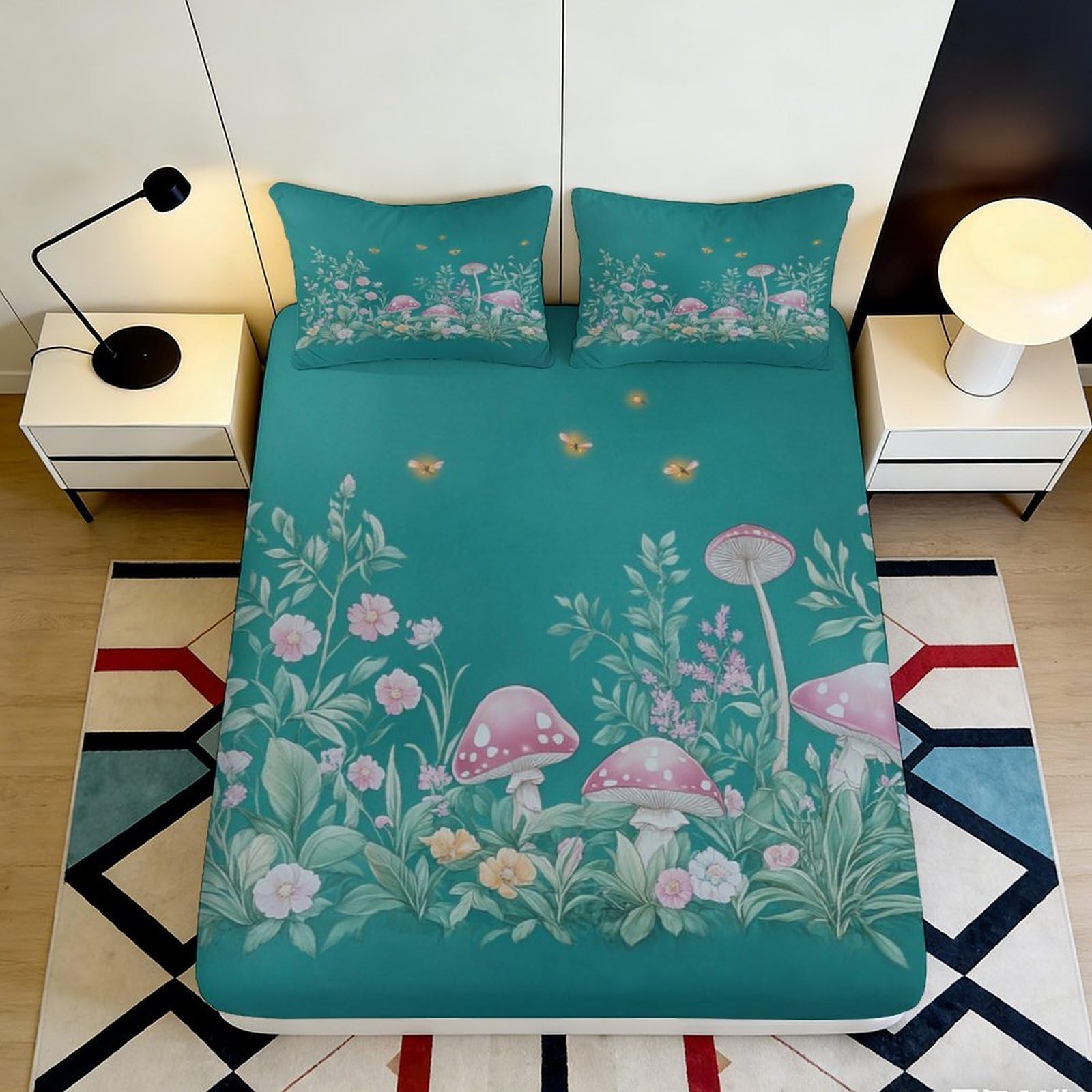 3D Printed Mushroom Forest Fitted Sheet Microfiber Soft Green Floral Butterflies Mattress Cover Bedroom Decor 90x200x25cm