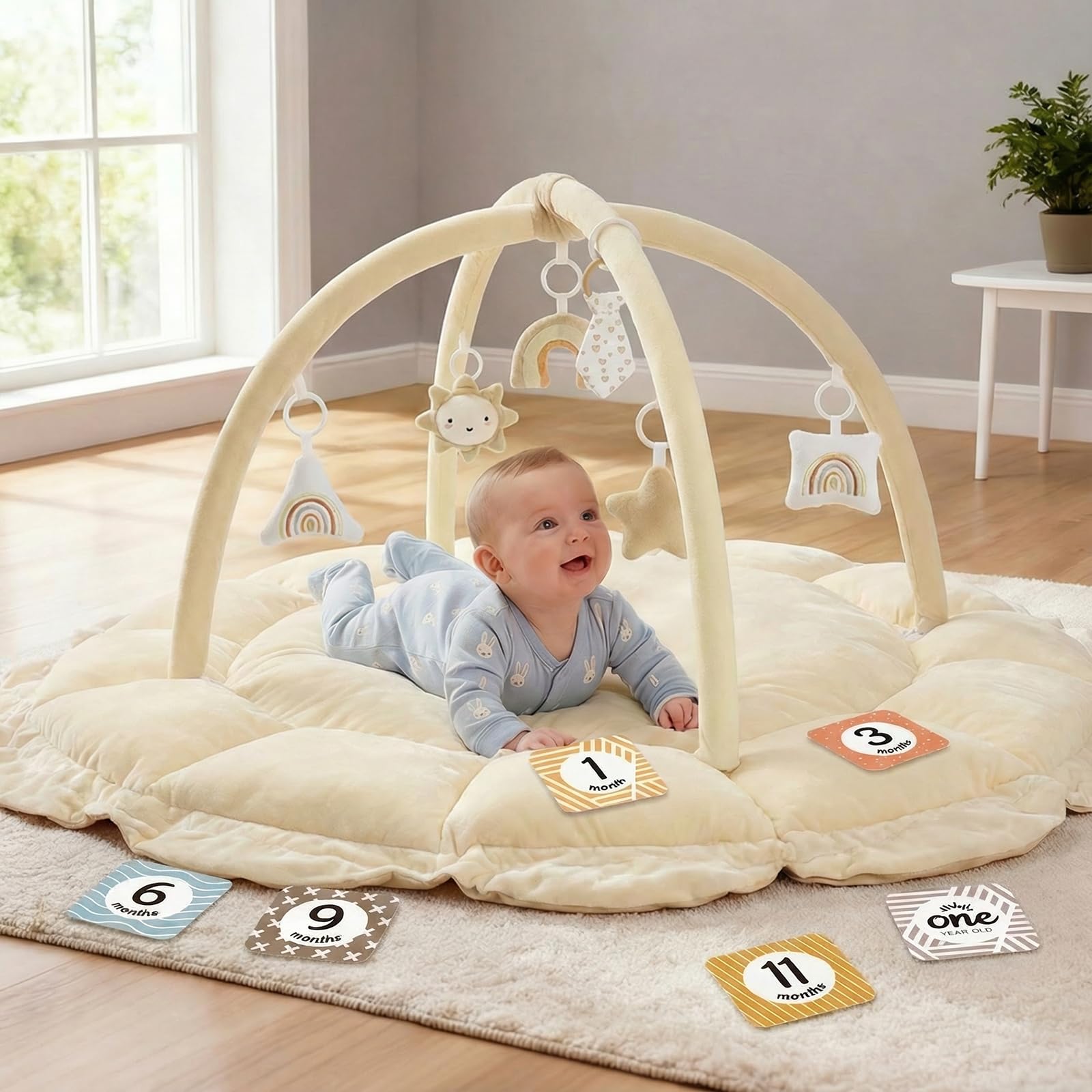 5-in-1 Thick & Plush Baby Play Gym, Baby Play Mats for Floor, Tummy Time Mat with 6 Toys, Convertible Stage-Based Developmental from Babies to