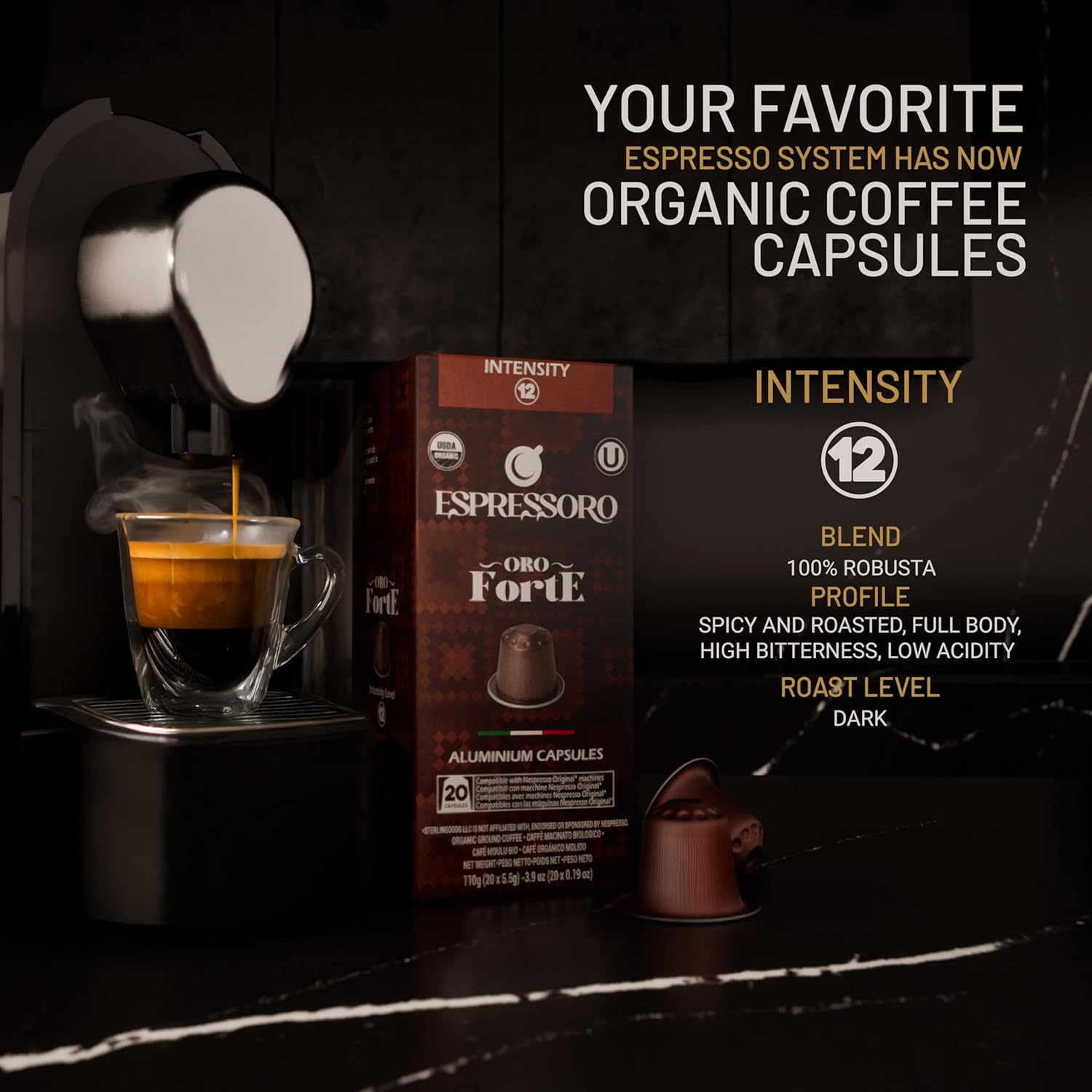 ESPRESSORO 100 USDA Organic Espresso Pods - FORTE Aluminum Capsule Compatible with Nespresso Original Lines Machines. Intensity 12 Premium Italian Expresso Coffee Capsules