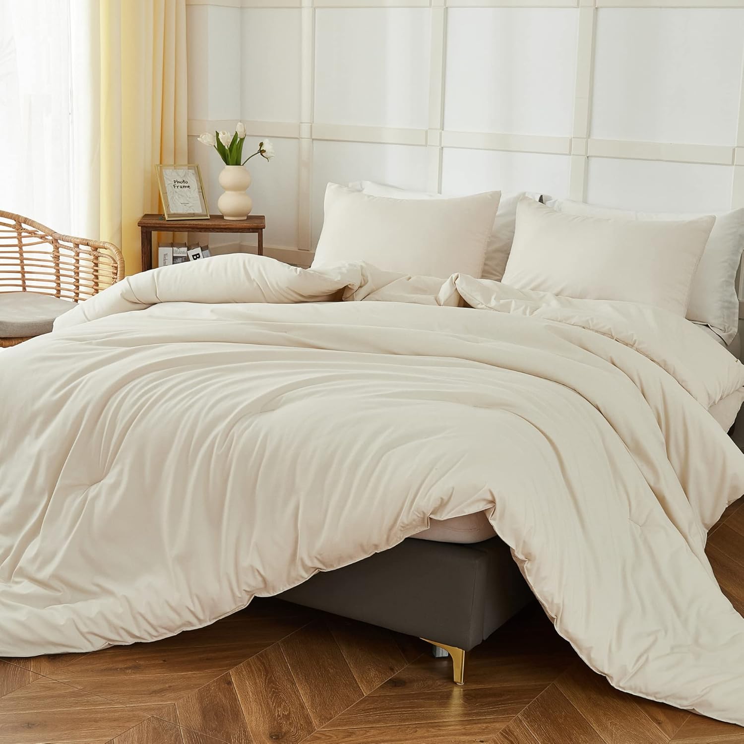 Paxrac Beige Comforter Set King Size, Farmhouse 3 Pieces Comforter Set, Lightweight