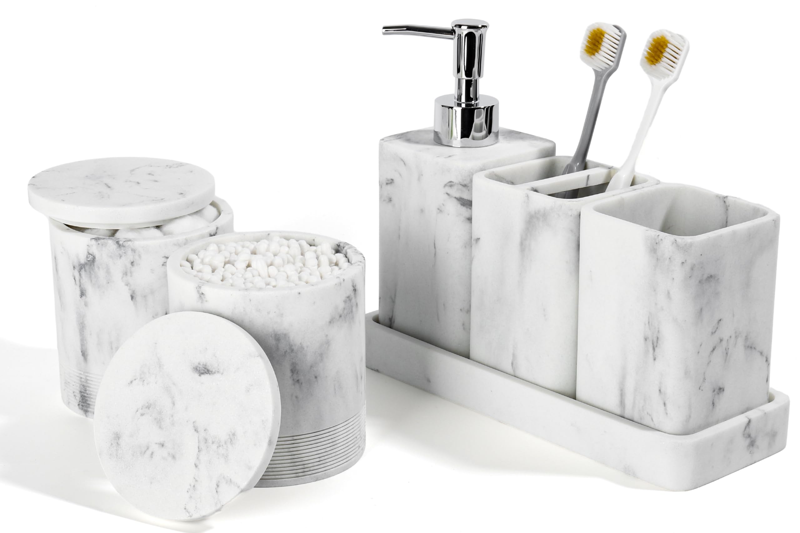 Bathroom Accessories Set, 6 Piece Bathroom Set with Toothbrush Holders, Soap Dispenser, Vanity Tray, Tumbler, Cotton Swab Jars, Bathroom Organizer，Bathroom Sink Sets, Artificial Marble White