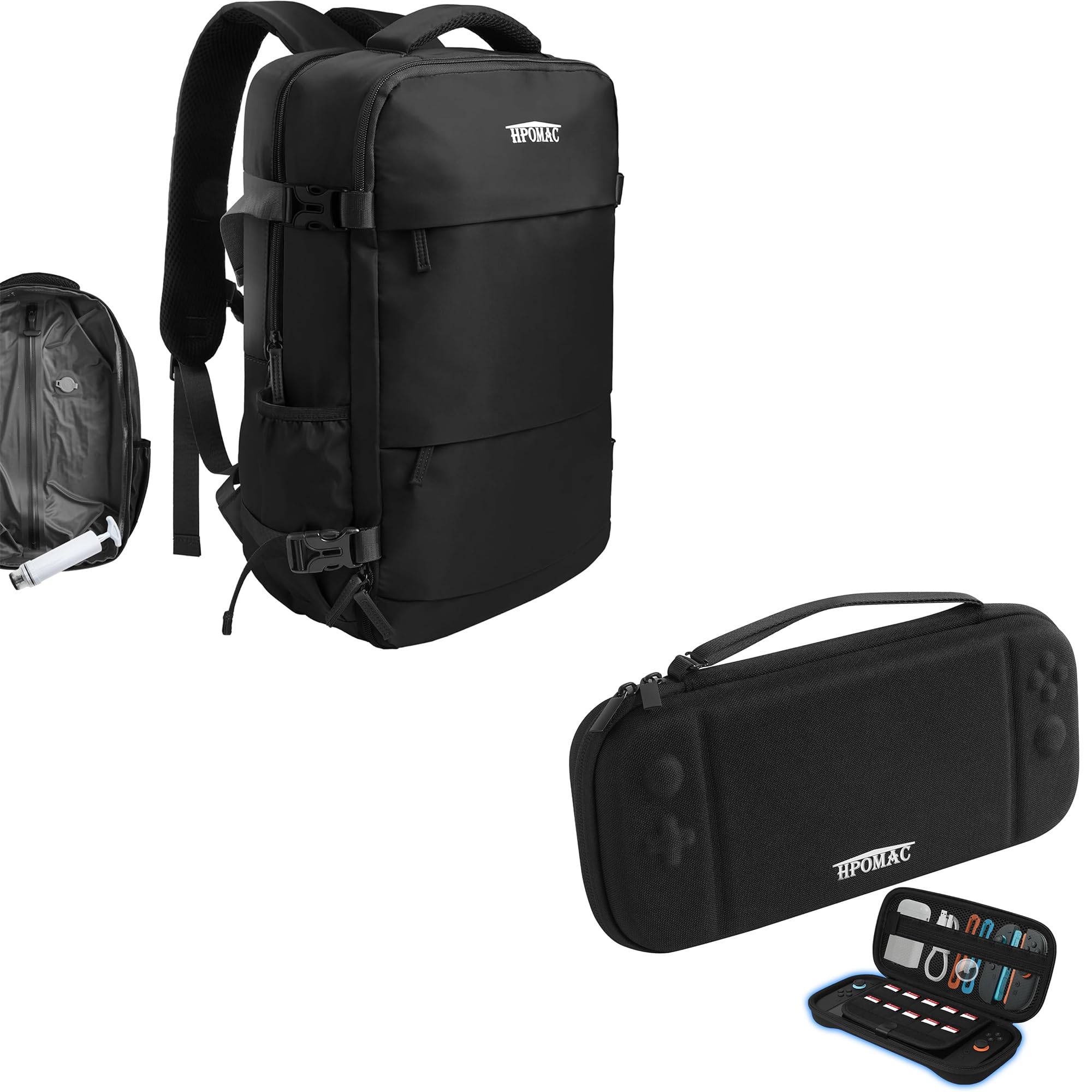 HPOMAC Vacuum Compression Backpack, Carry-On Size Travel Backpack with Vacuum System and Pump & Nintendo Switch 2 Carrying Case, Slim Hard Shell Travel Case