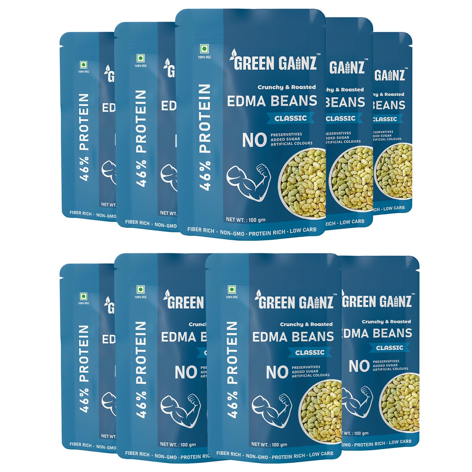 Green Gainz Roasted Edma Beans (Edamame) Classic Flavour (pack of 9-100gm each) | 100% Veg High Protein Snack | No Added Sugar | Non-GMO | Rich in Fiber | No Gluten