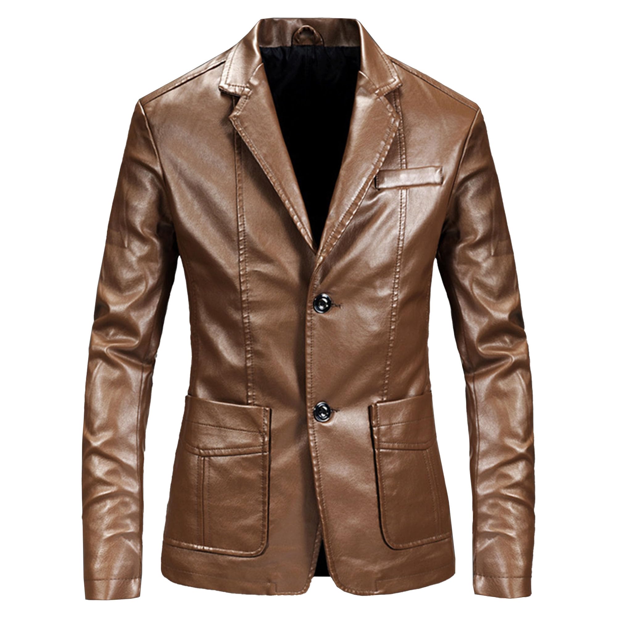 Men's Leather Dress Suit Coat Casual 2-Button Notched Lapel Slim Business Coat Casual Pu Blazers Jacket (Large,Khaki)