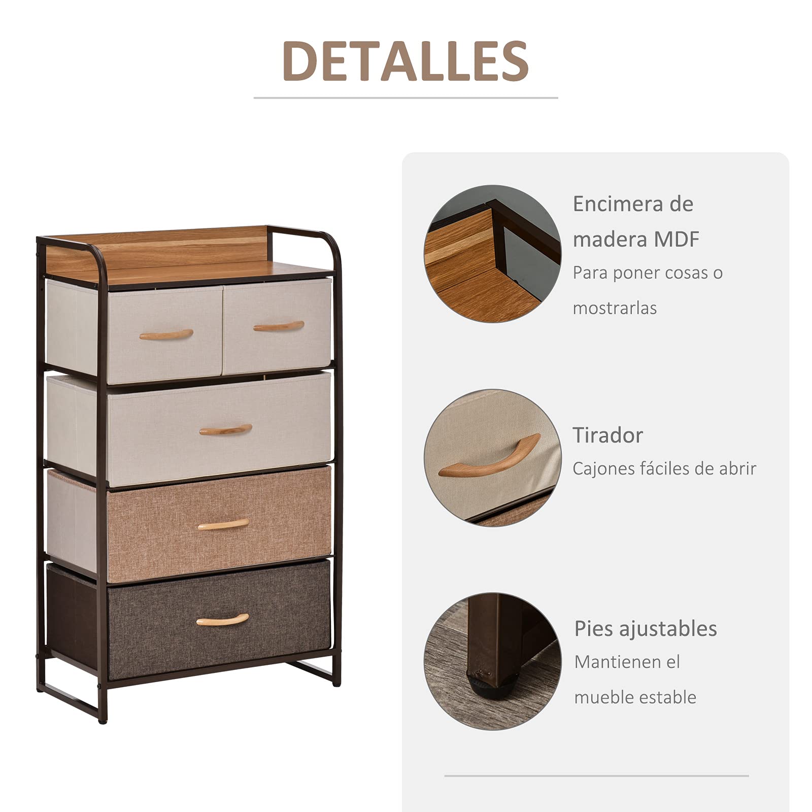 HOMCOM Cómoda con 5 Cajones de Tela Plegables, Cómoda para Dormitorio Estrecha con Marco Metálico, Cajonera para Espacios Pequeños, Sala de Estar, Vestidor, Baño, Multicolor