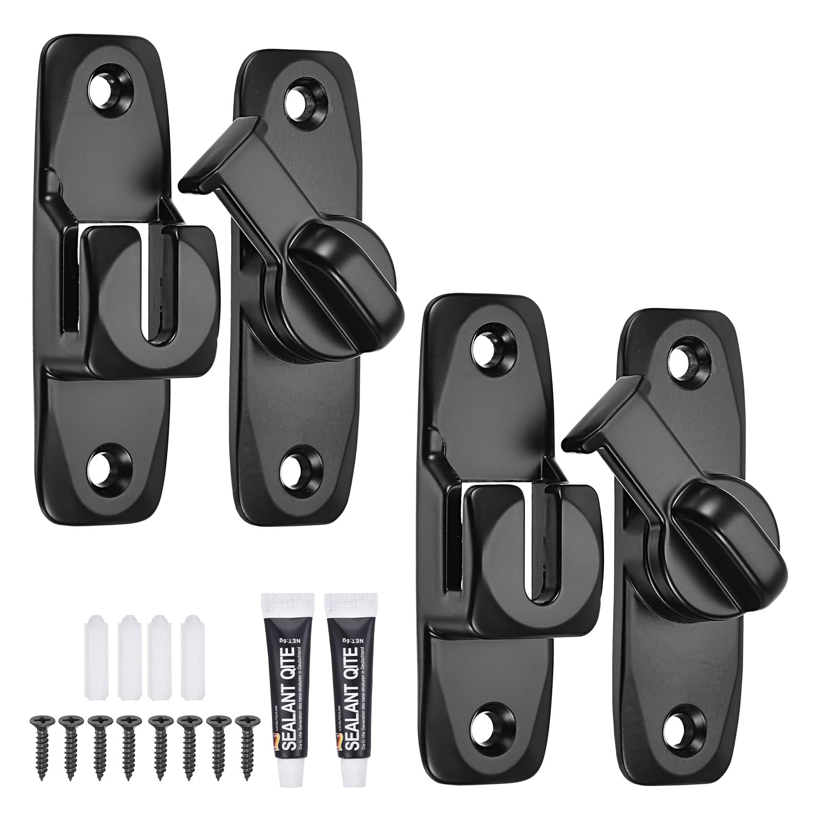 sourcing map 2Pcs Barn Door Lock, 90/180 Degree Flip Barn Door Lock Aluminium Alloy Sliding Security Latch with Screws & Nail-Free Adhesive for Garden Bathroom Garage, Black